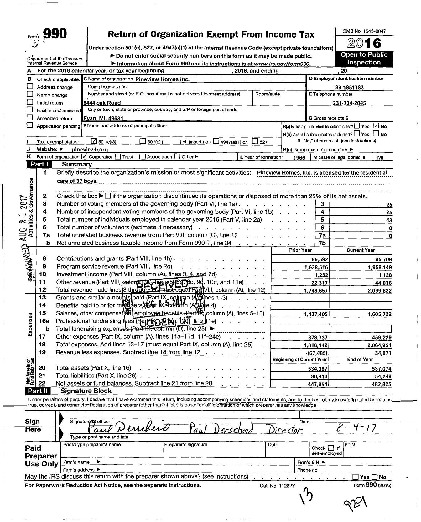 Image of first page of 2016 Form 990 for Pineview Homes