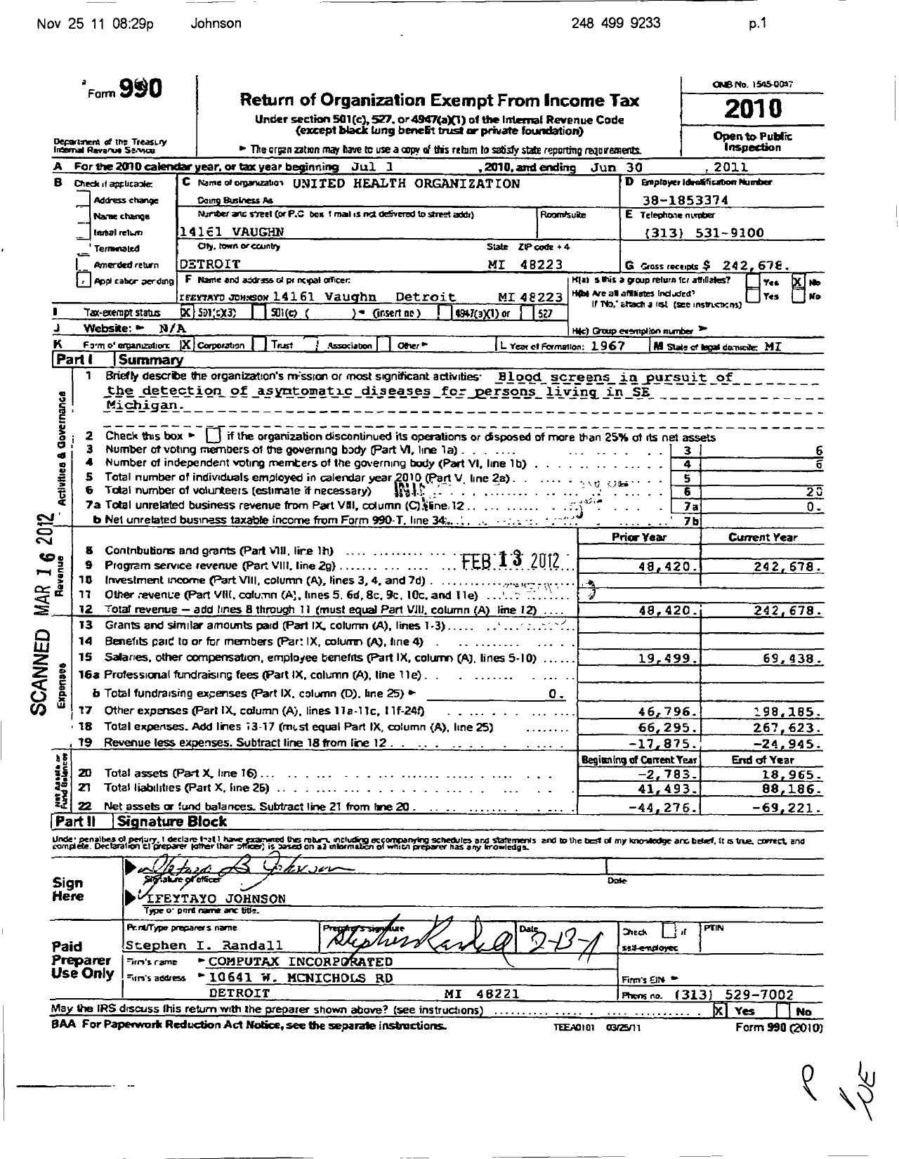 Image of first page of 2010 Form 990 for United Health Organization