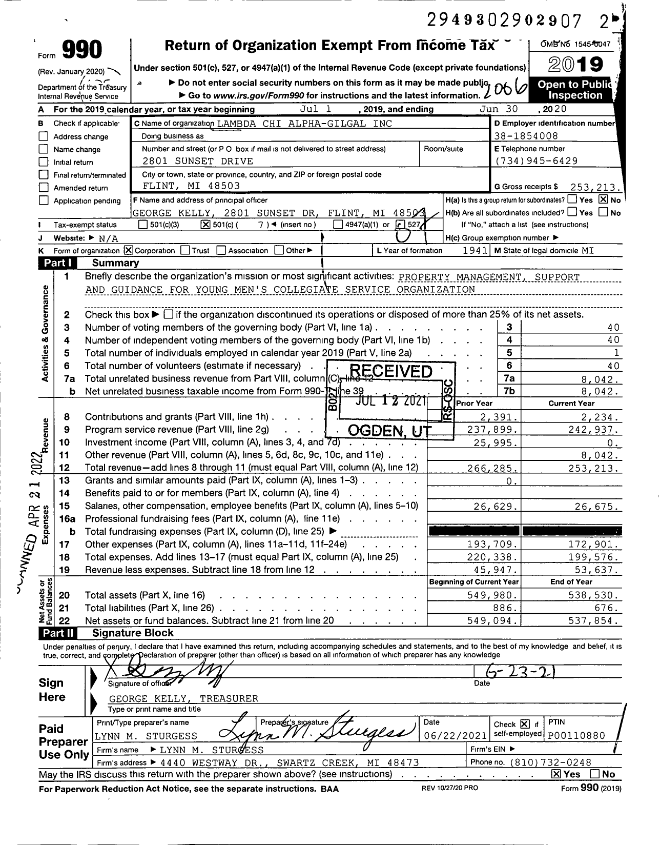 Image of first page of 2019 Form 990O for Lambda Chi Alpha Fraternity - Lambda Epsilon A & B Group