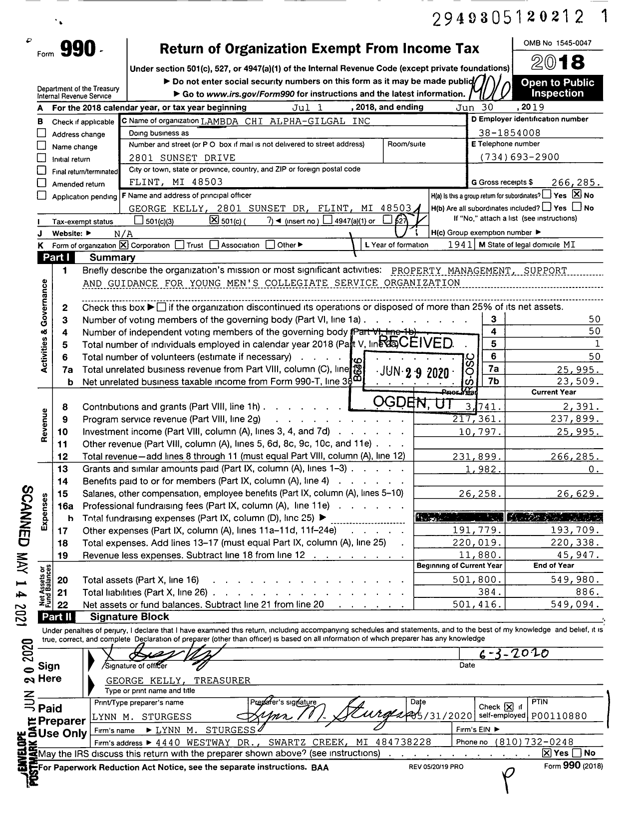 Image of first page of 2018 Form 990O for Lambda Chi Alpha Fraternity - Lambda Epsilon A & B Group