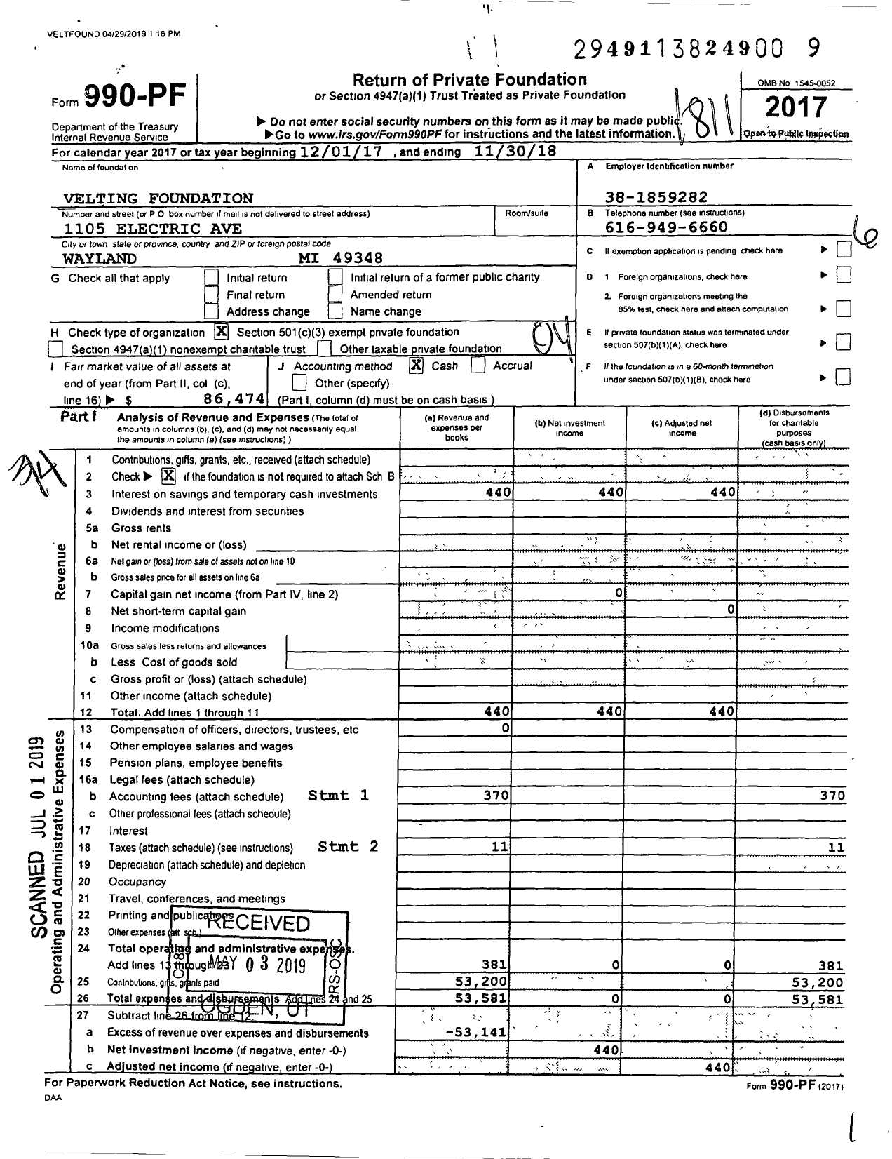 Image of first page of 2017 Form 990PF for Velting Foundation