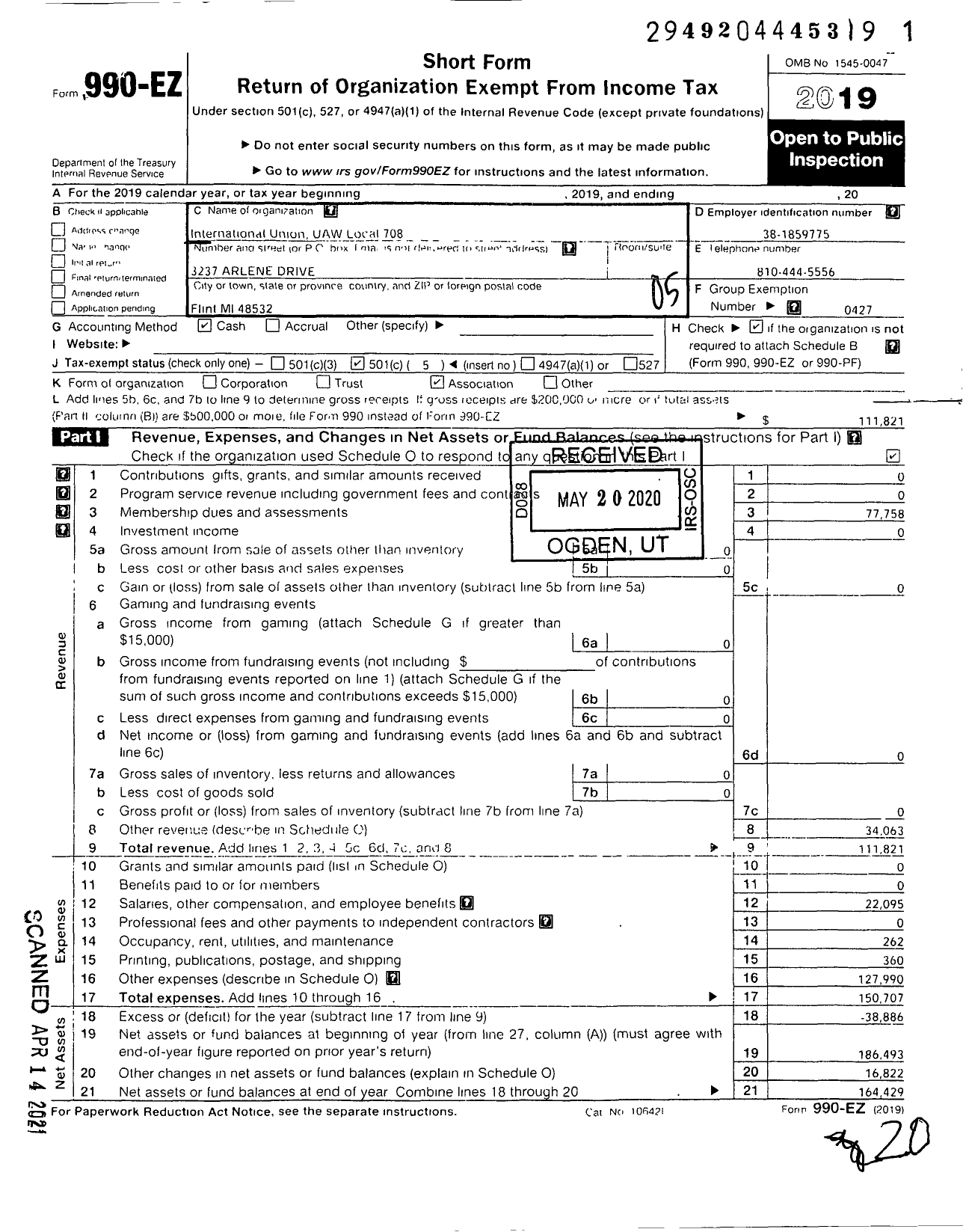 Image of first page of 2019 Form 990EO for International Union UAW Local 708