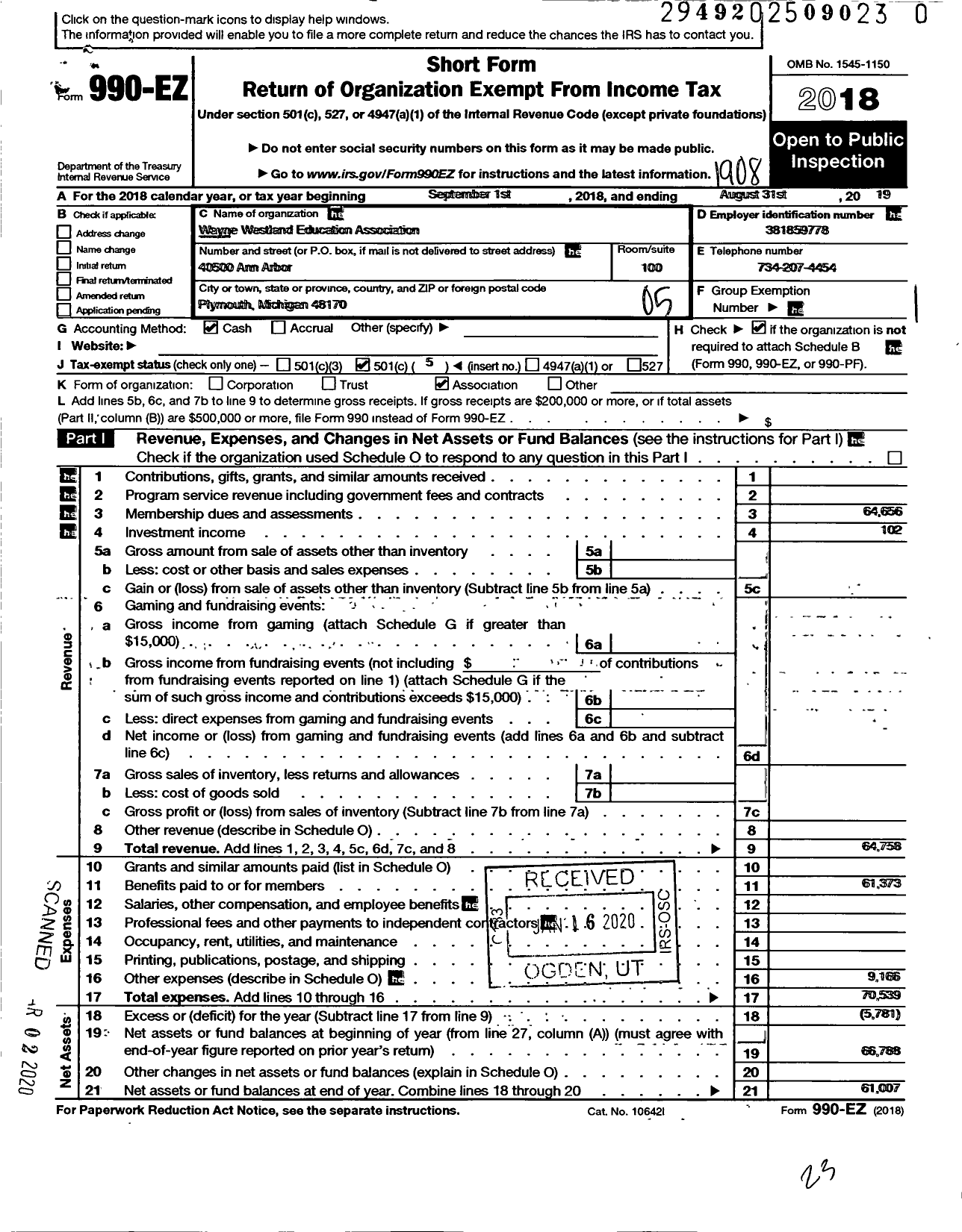 Image of first page of 2018 Form 990EO for Wayne Westland Education