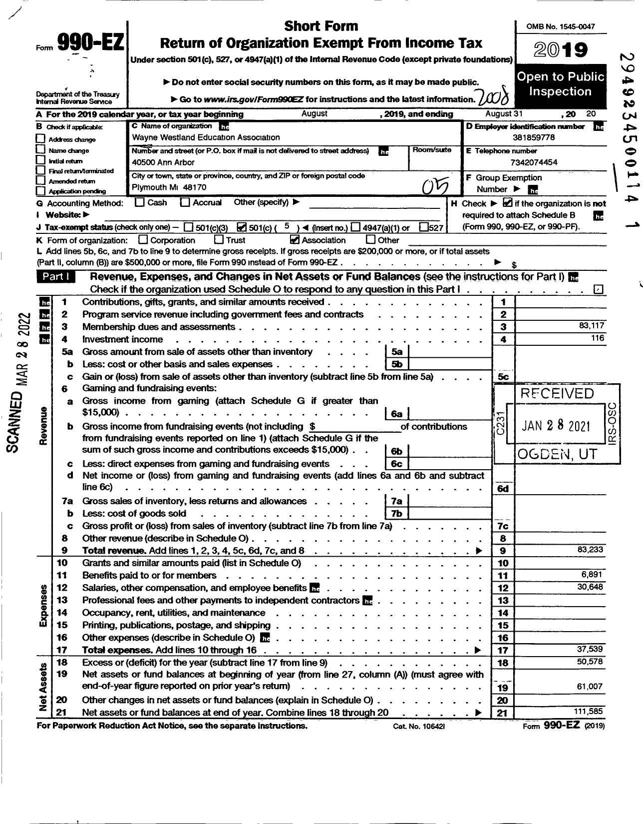 Image of first page of 2019 Form 990EO for Wayne Westland Education