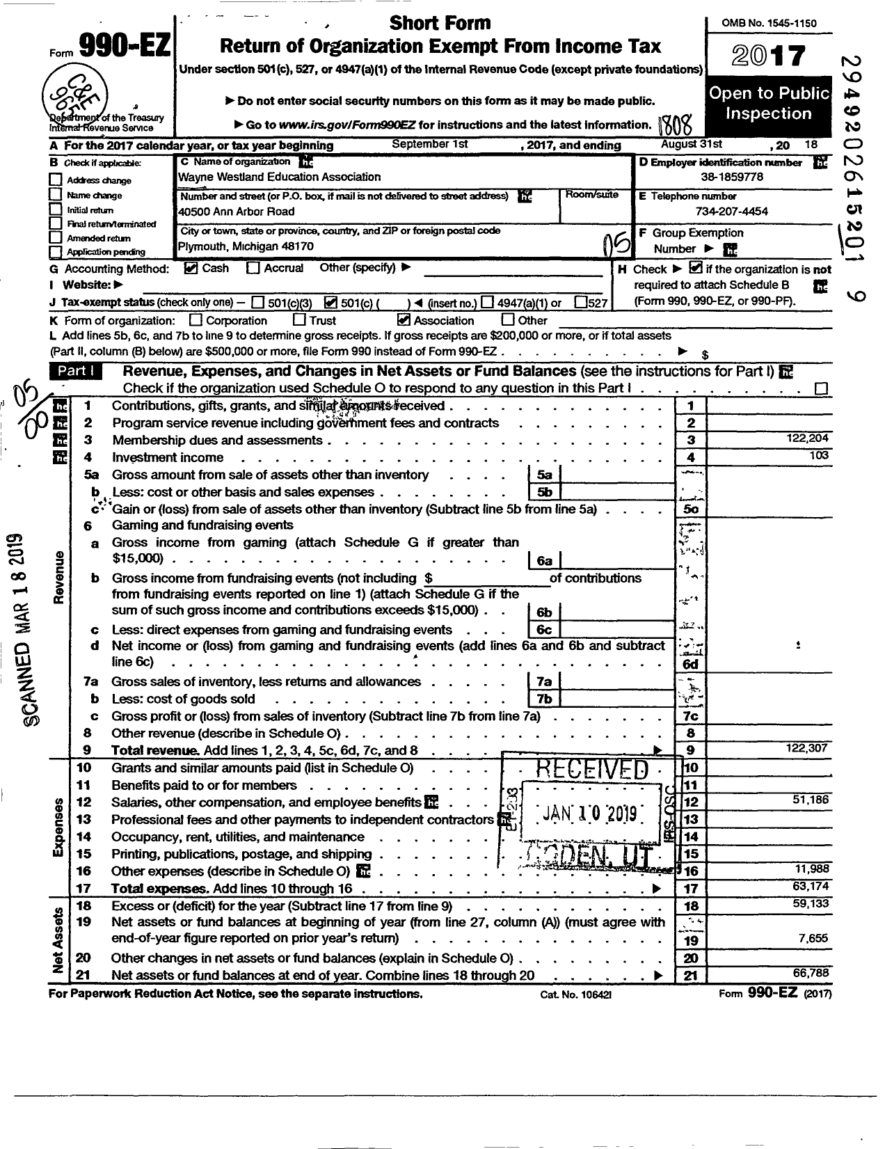 Image of first page of 2017 Form 990EO for Wayne Westland Education