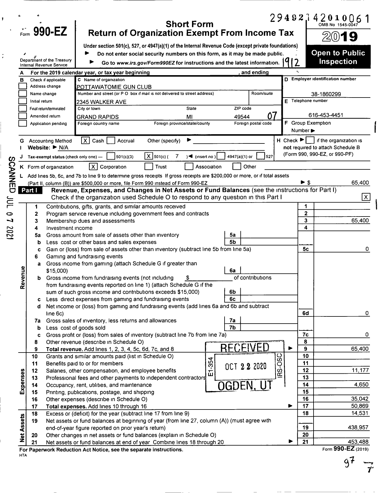 Image of first page of 2019 Form 990EO for Pottawatomie Gun Club