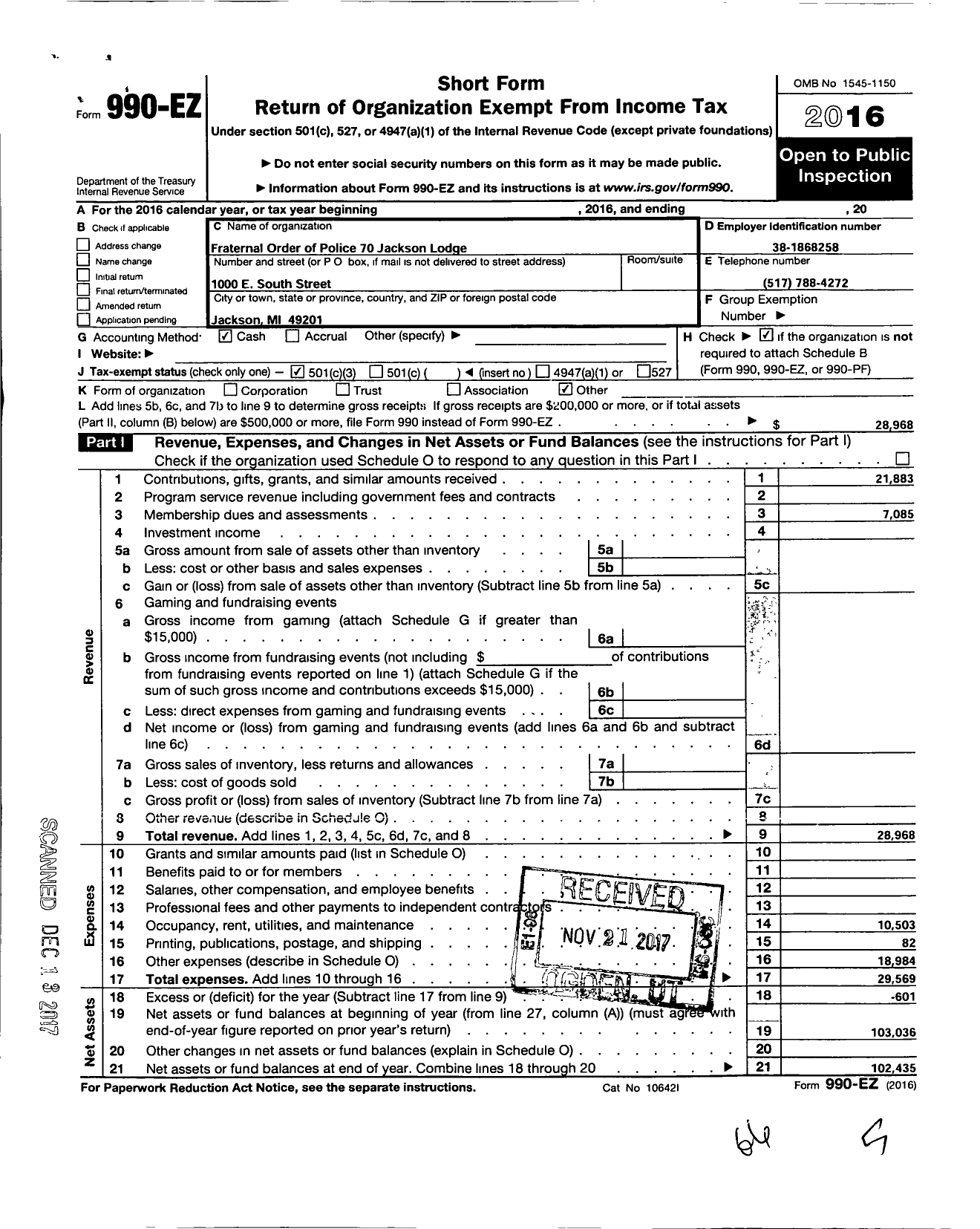 Image of first page of 2016 Form 990EZ for Fraternal Order of Police - 70 Jackson Lodge