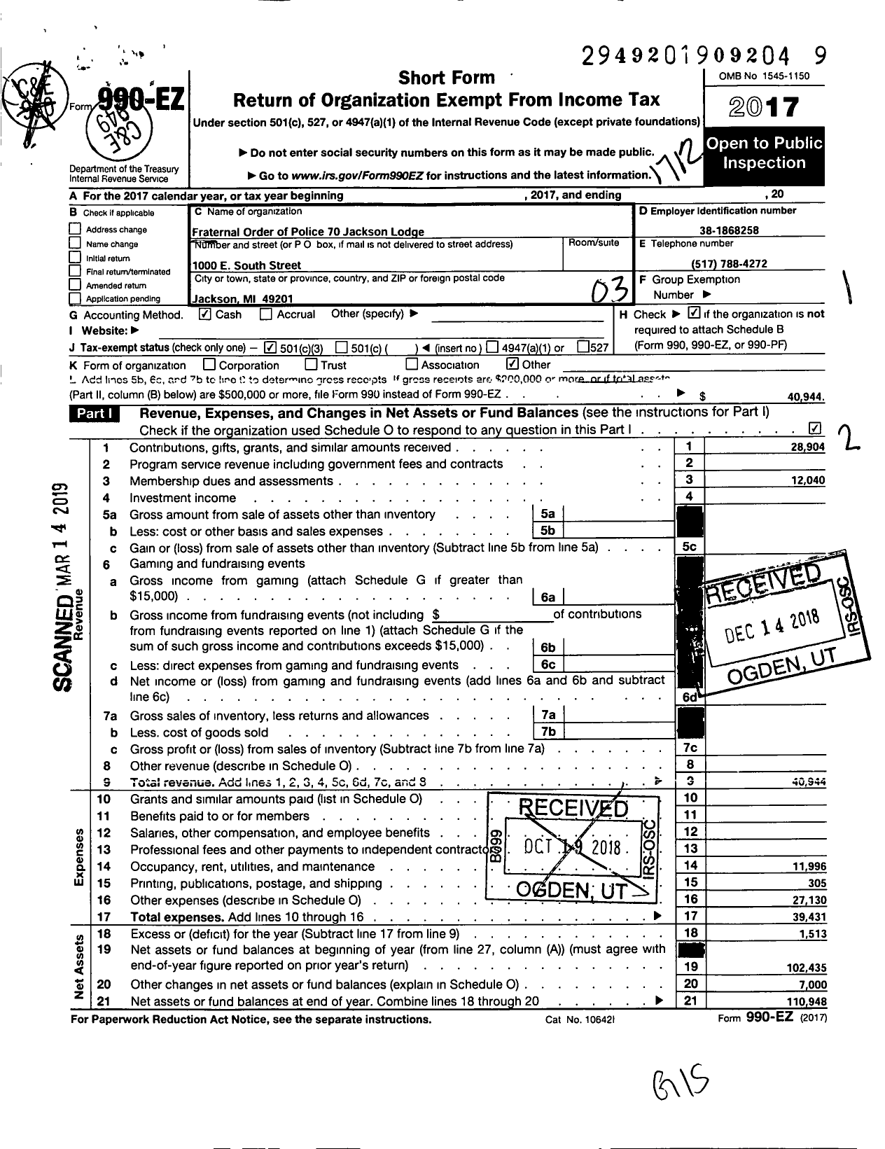 Image of first page of 2017 Form 990EZ for Fraternal Order of Police - 70 Jackson Lodge