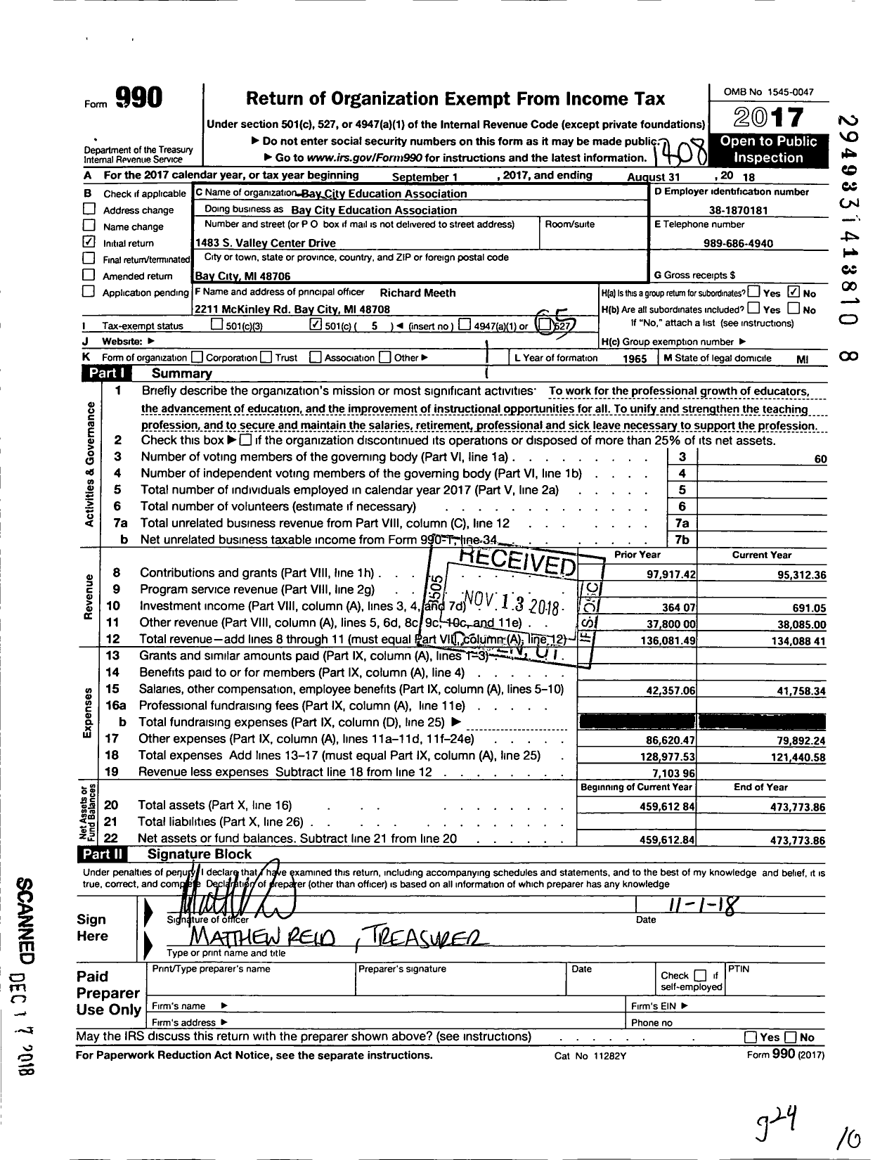 Image of first page of 2017 Form 990O for Bay City Education Association