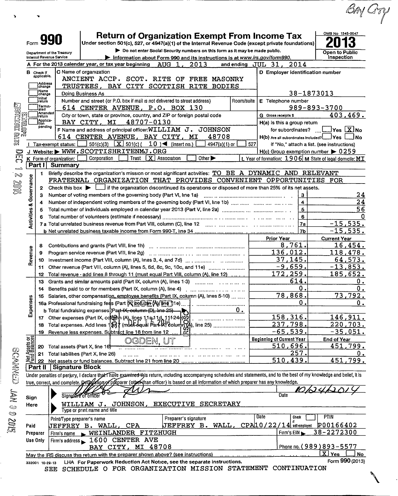 Image of first page of 2013 Form 990O for Scottish Rite, NMJ - Valley of Bay City