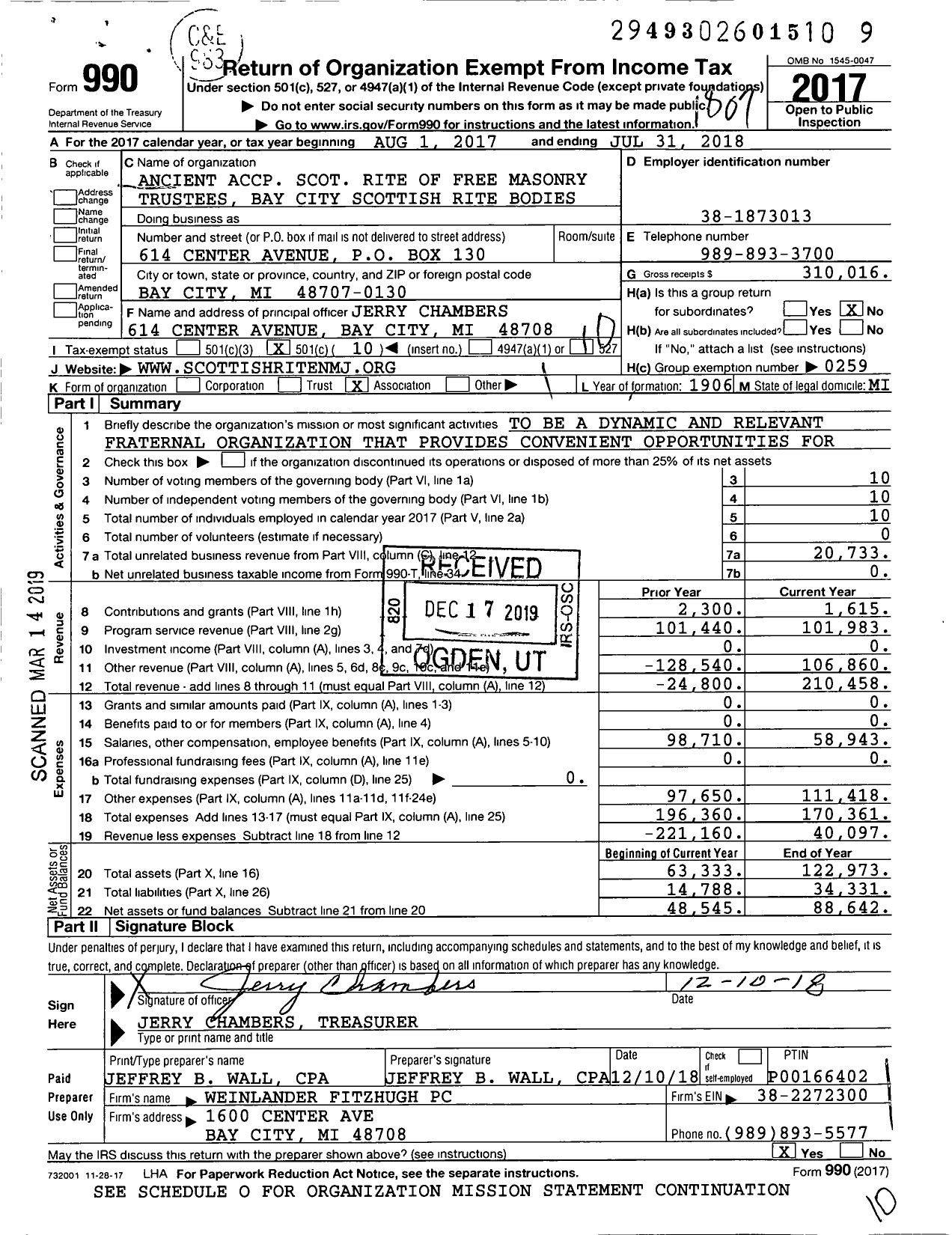 Image of first page of 2017 Form 990O for Scottish Rite, NMJ - Valley of Bay City