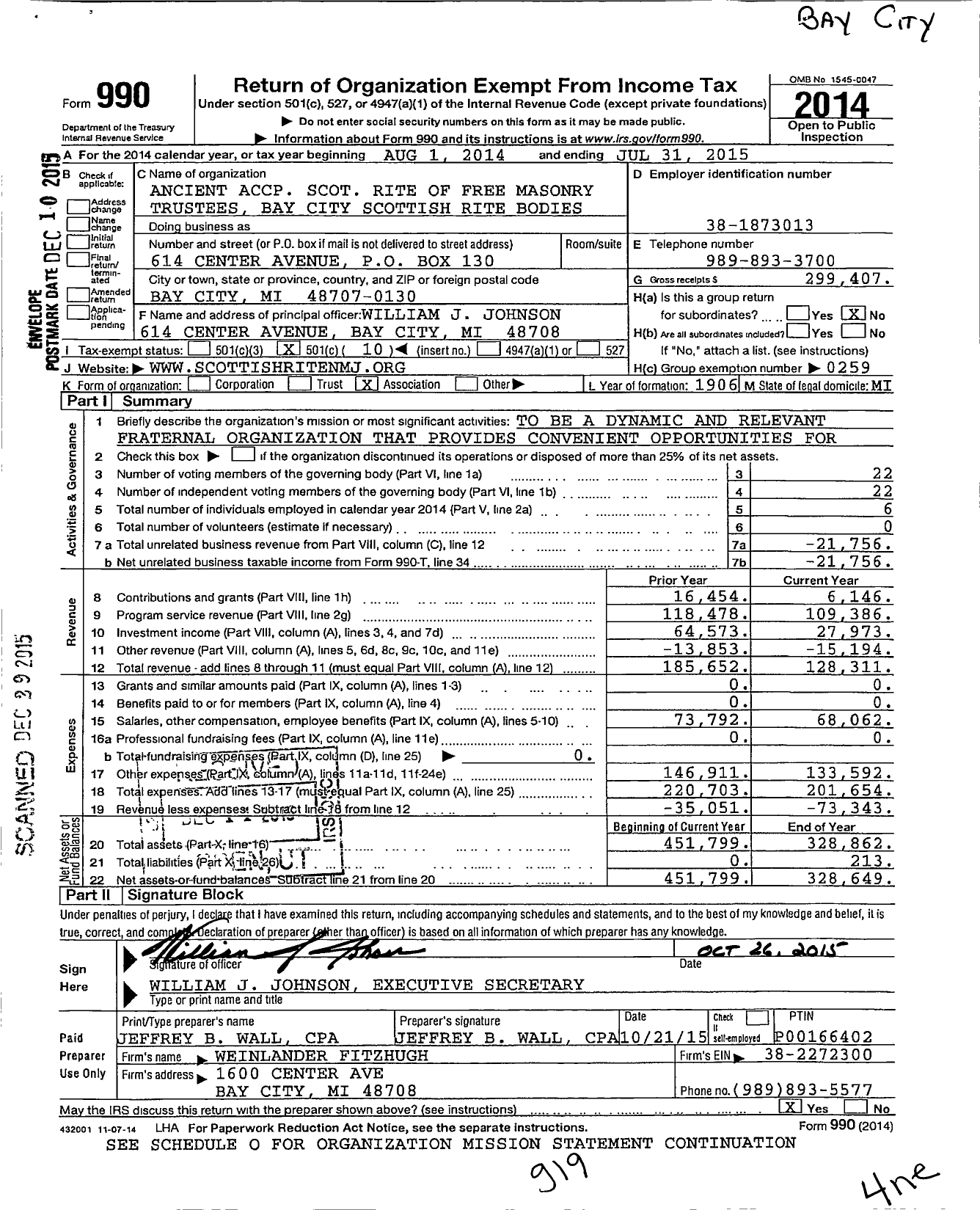 Image of first page of 2014 Form 990O for Scottish Rite, NMJ - Valley of Bay City