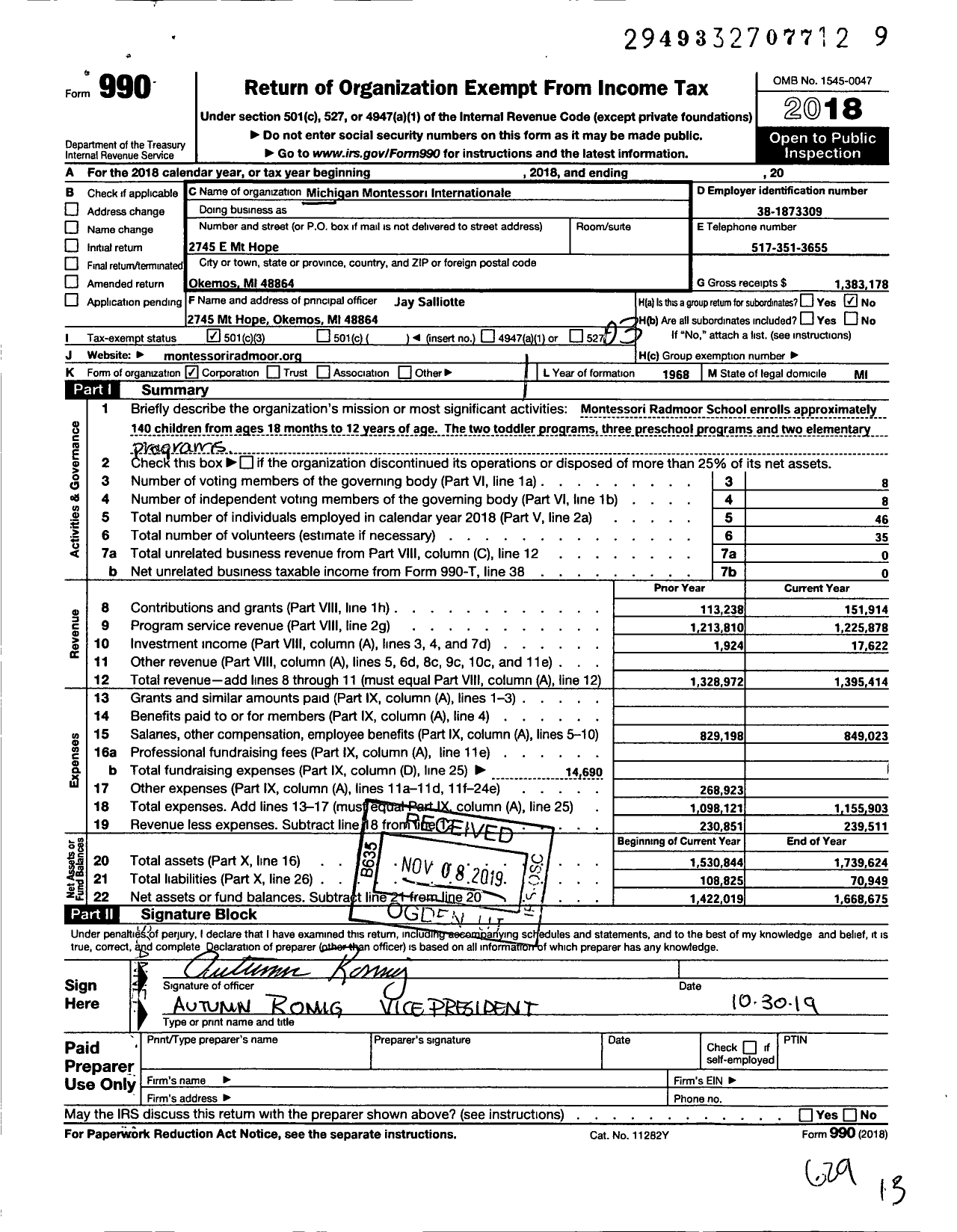 Image of first page of 2018 Form 990 for Michigan Montessori Intenationale