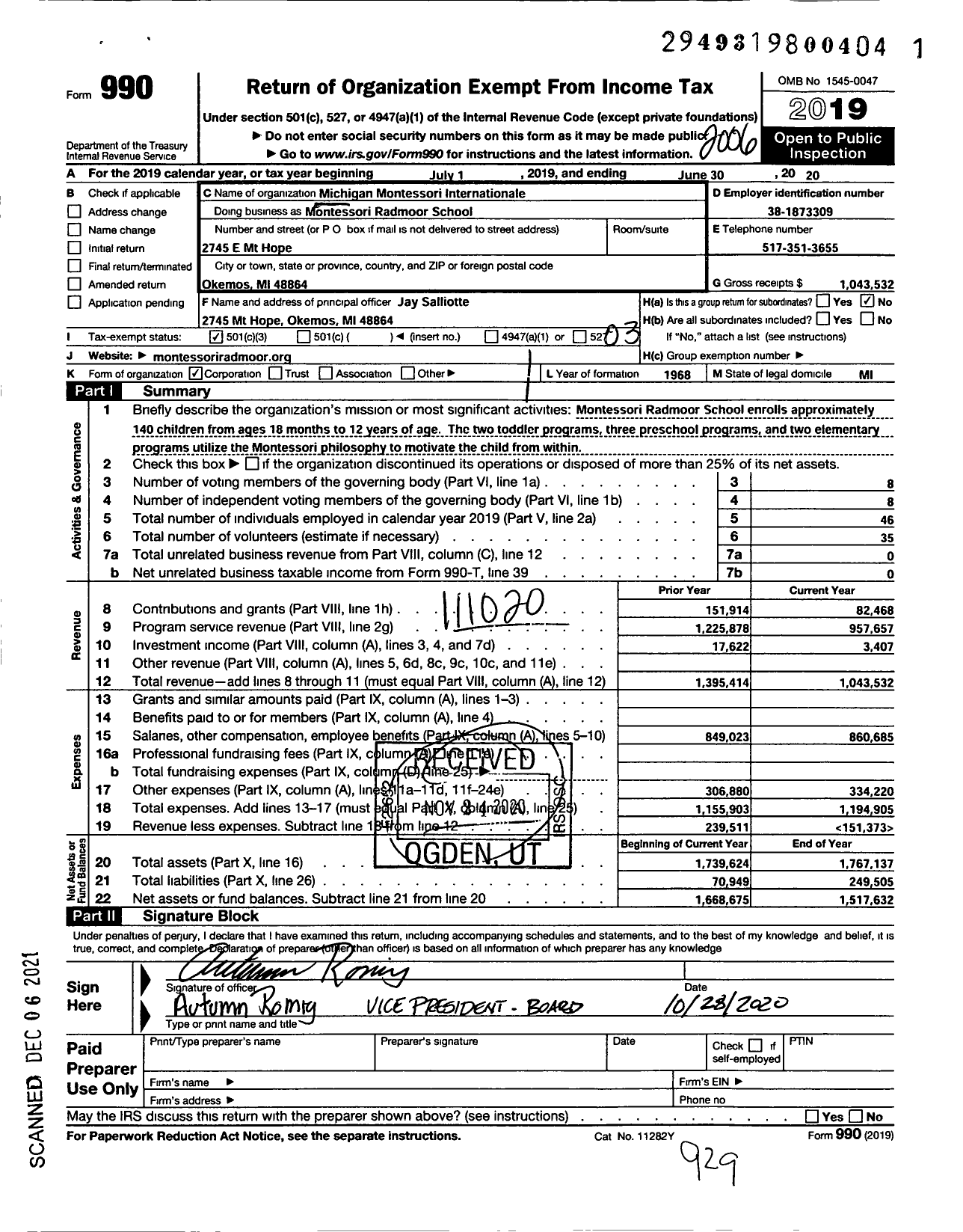 Image of first page of 2019 Form 990 for Michigan Montessori Intenationale