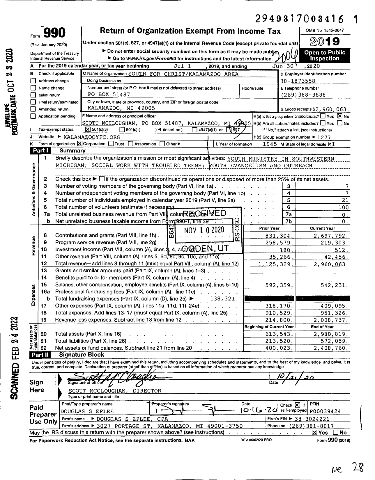 Image of first page of 2019 Form 990 for Youth for Christ - Kalamazoo Area