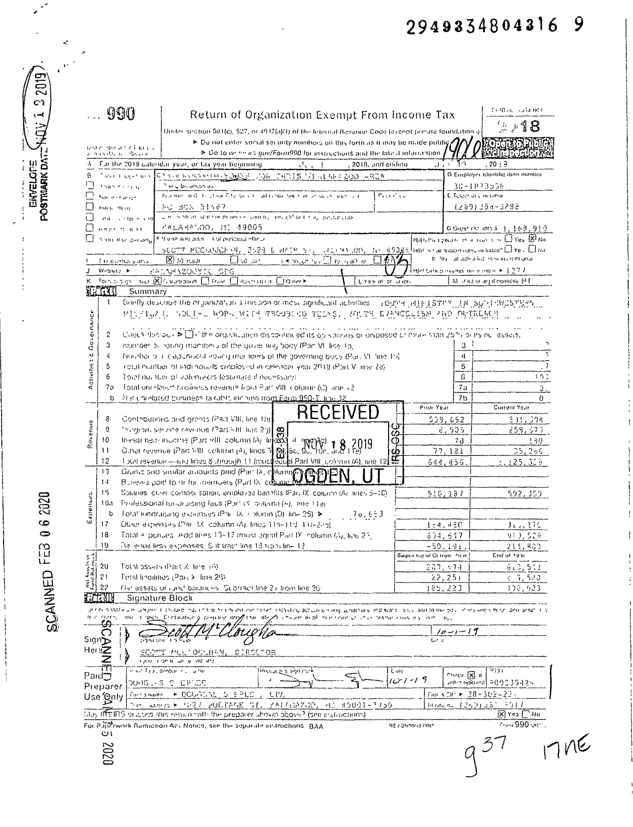 Image of first page of 2018 Form 990 for Youth for Christ - Kalamazoo Area