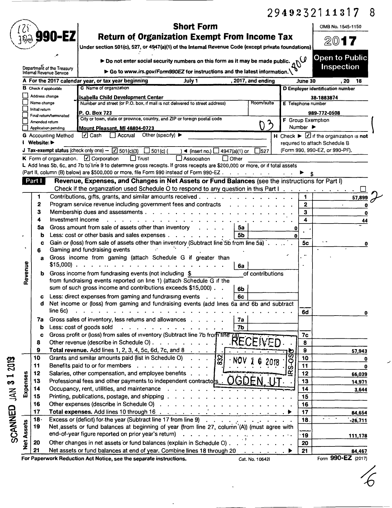 Image of first page of 2017 Form 990EZ for Isabella Child Development Center