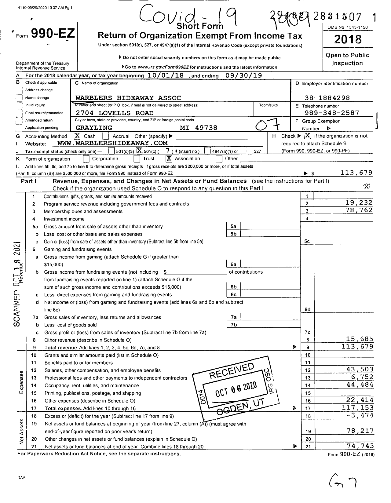 Image of first page of 2018 Form 990EO for Warblers Hideaway Association