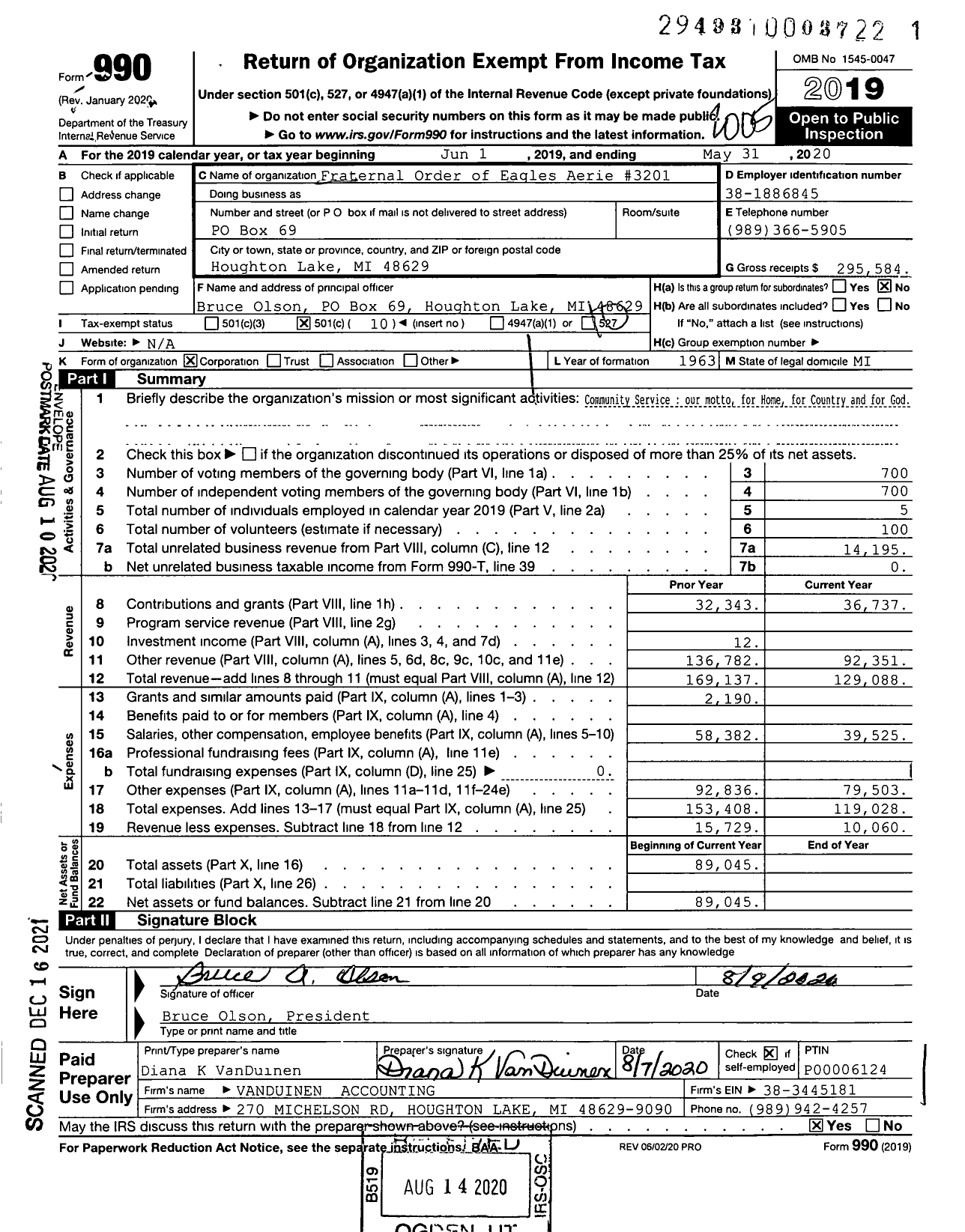 Image of first page of 2019 Form 990O for Fraternal Order of Eagles - Aerie 3201