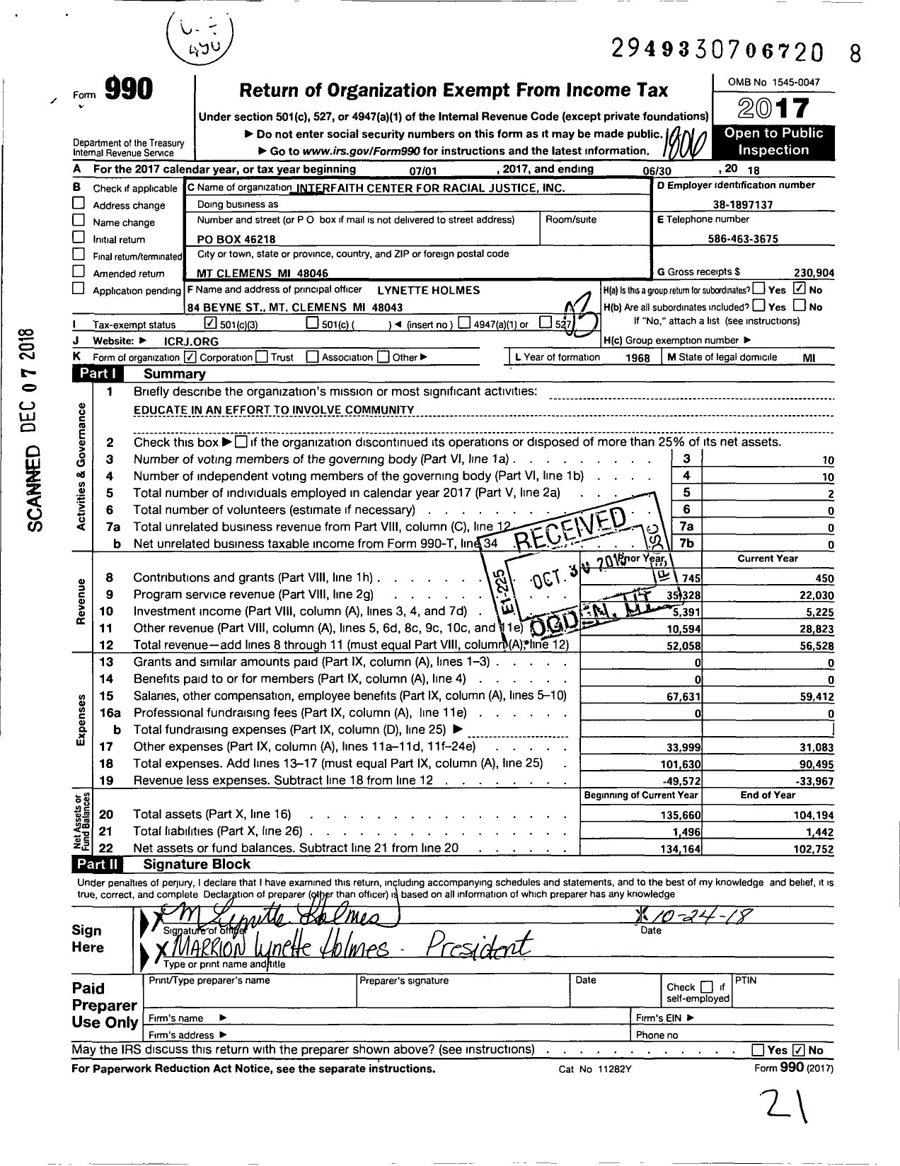 Image of first page of 2017 Form 990 for Inter-Faith Center for Racial Justice