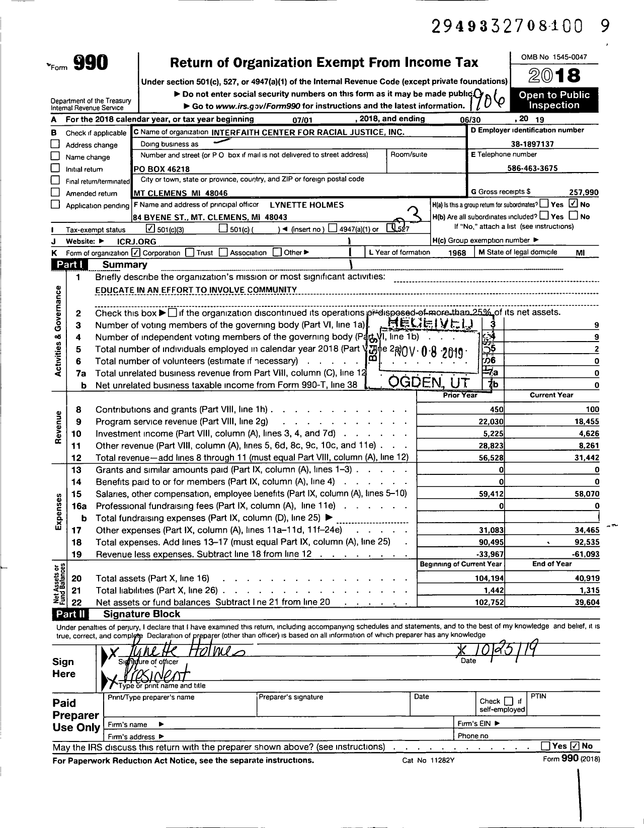 Image of first page of 2018 Form 990 for Inter-Faith Center for Racial Justice