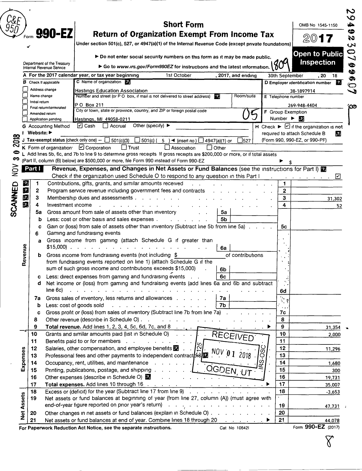 Image of first page of 2017 Form 990EO for Hastings Education Association