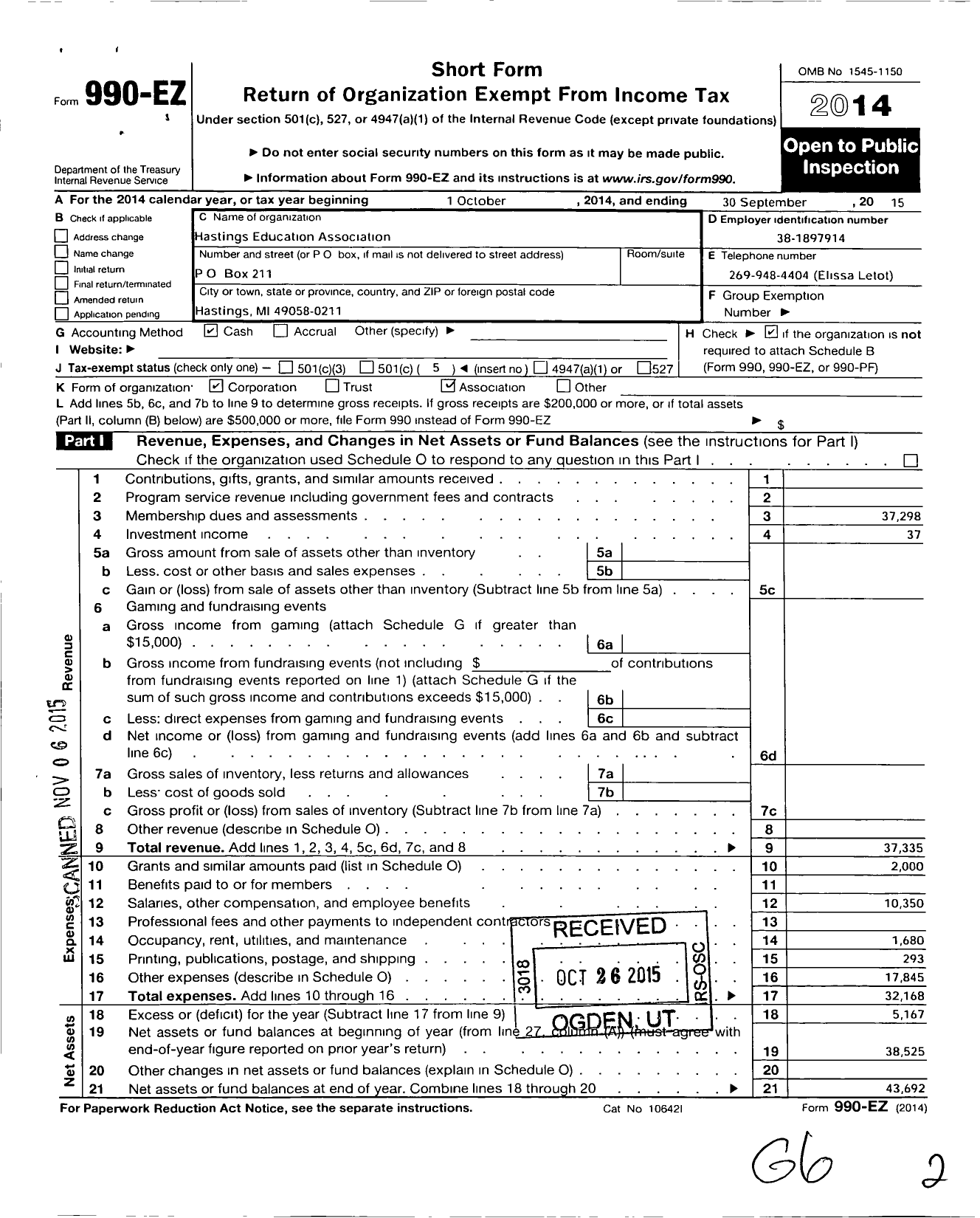 Image of first page of 2014 Form 990EO for Hastings Education Association