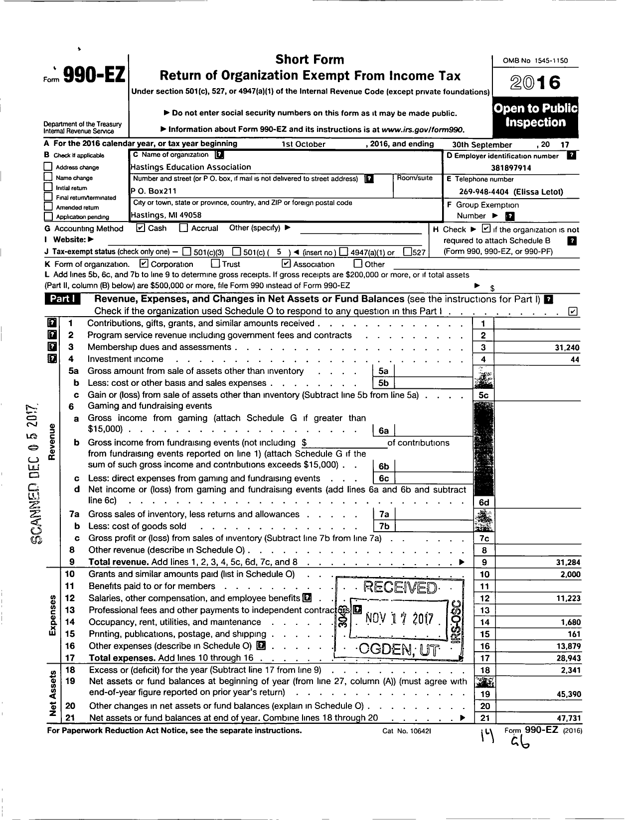 Image of first page of 2016 Form 990EO for Hastings Education Association