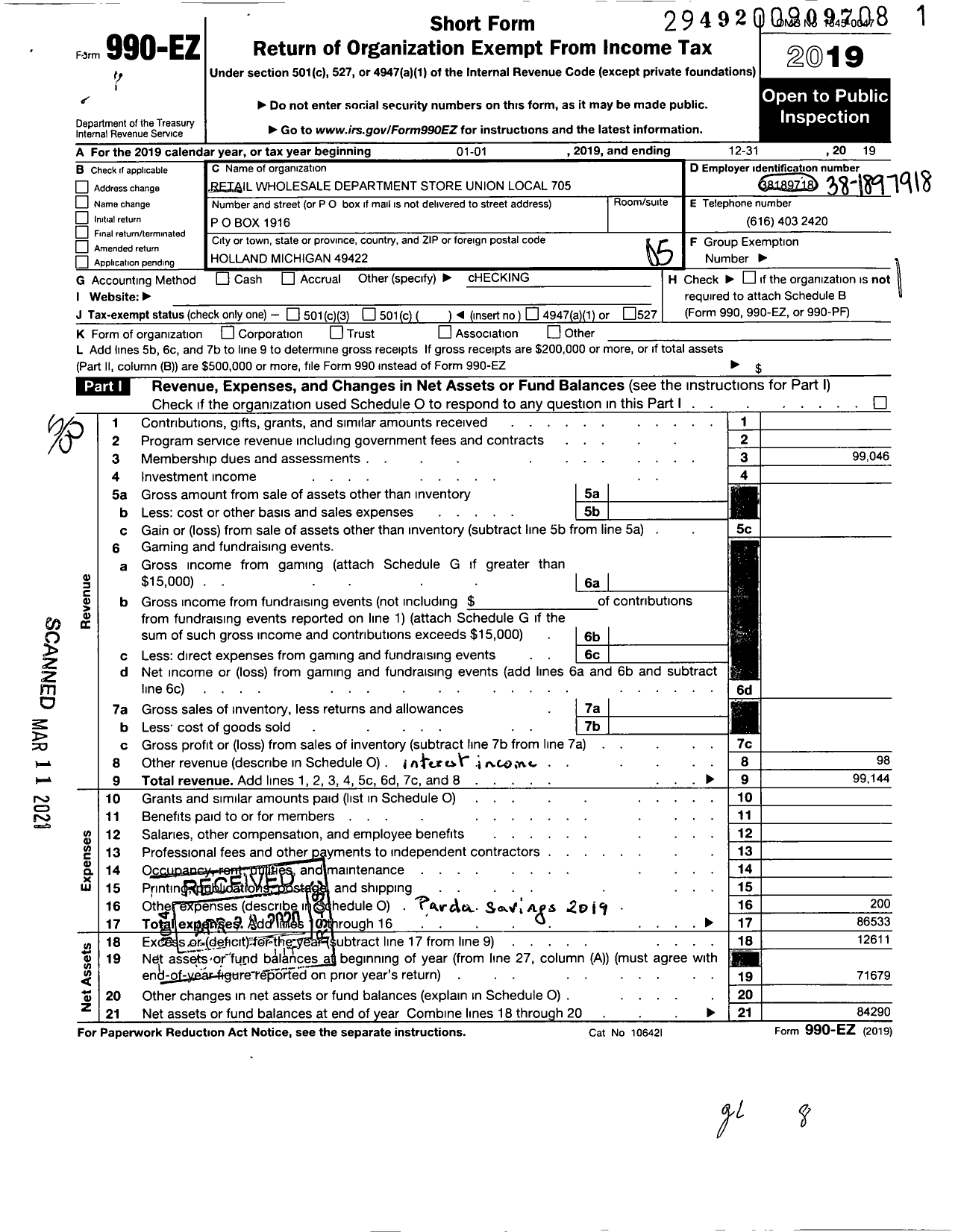 Image of first page of 2019 Form 990EO for Retail Wholesale and Department Store Union - 705 Heinz