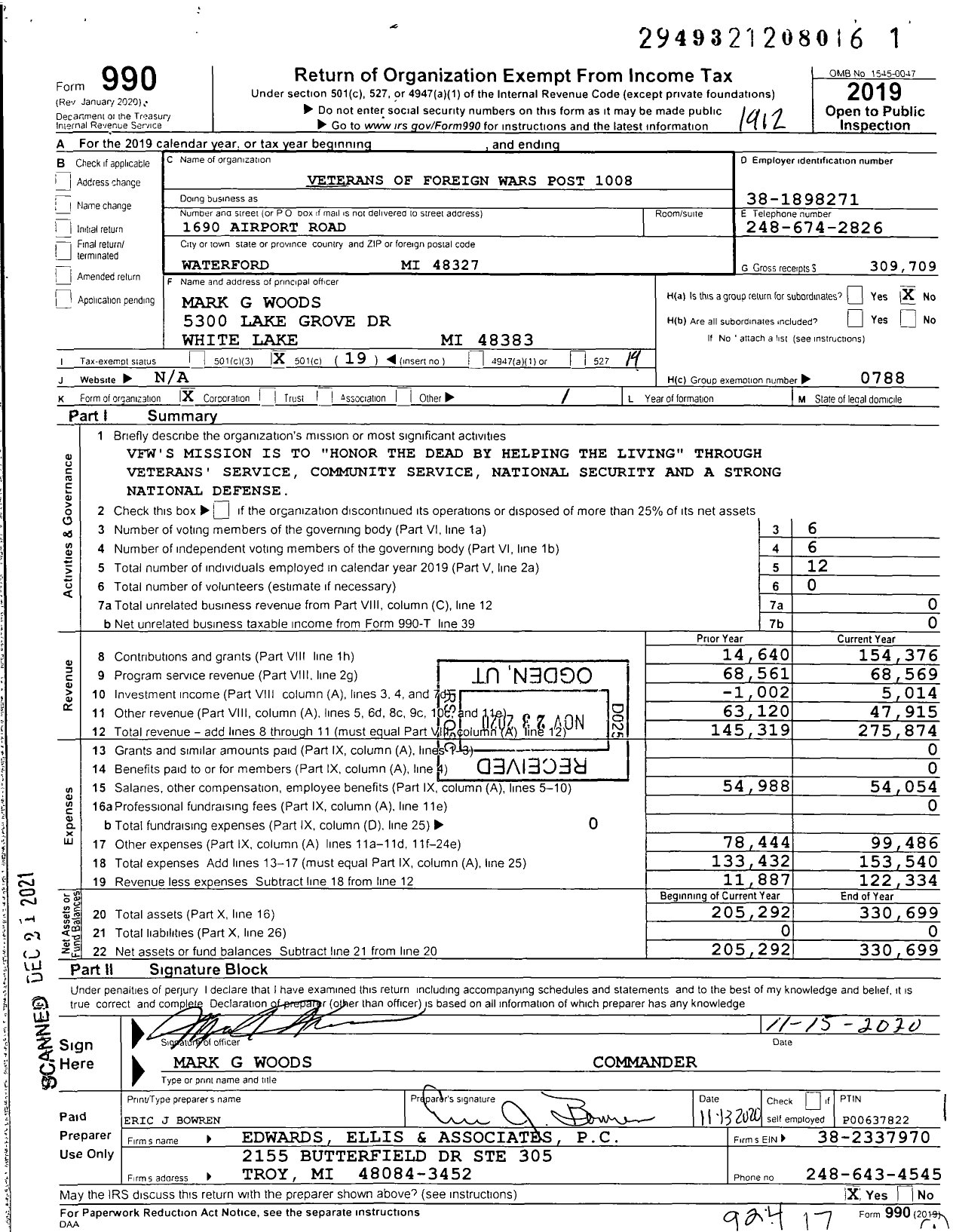 Image of first page of 2019 Form 990O for VFW Department of Michigan - Dist 5 1008 Heart of the Lakes