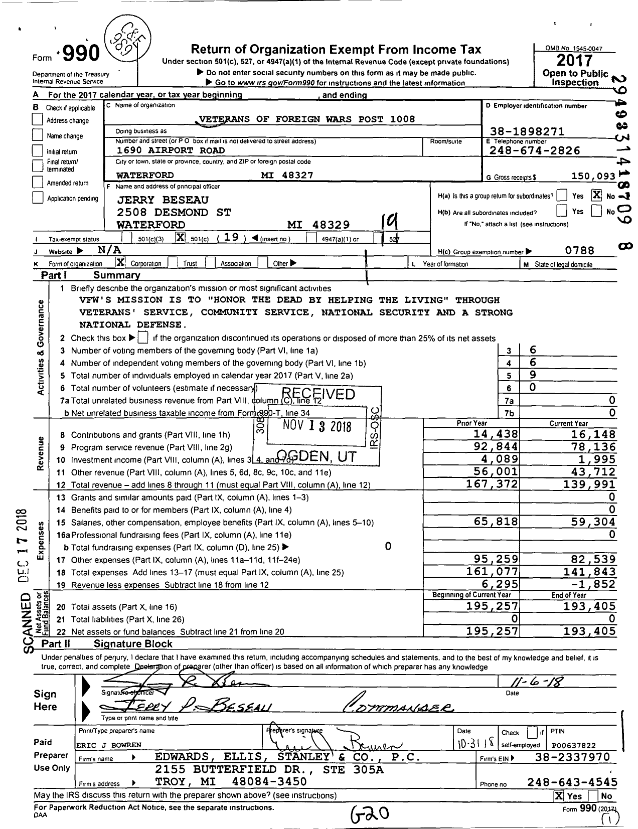 Image of first page of 2017 Form 990O for VFW Department of Michigan - Dist 5 1008 Heart of the Lakes