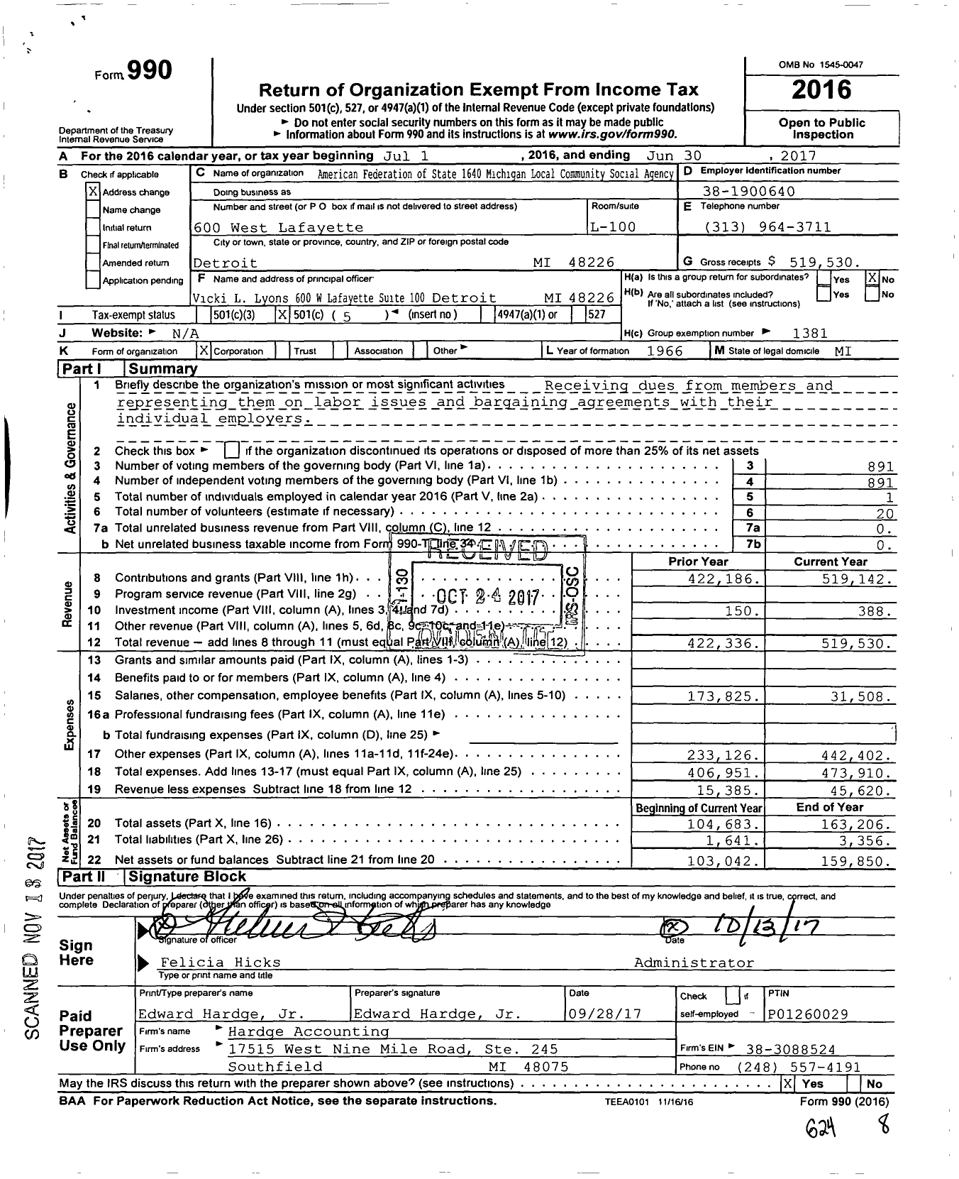 Image of first page of 2016 Form 990O for American Federation of State County & Municipal Employees - Community and Social Agency Employees of Detroit Local 1640