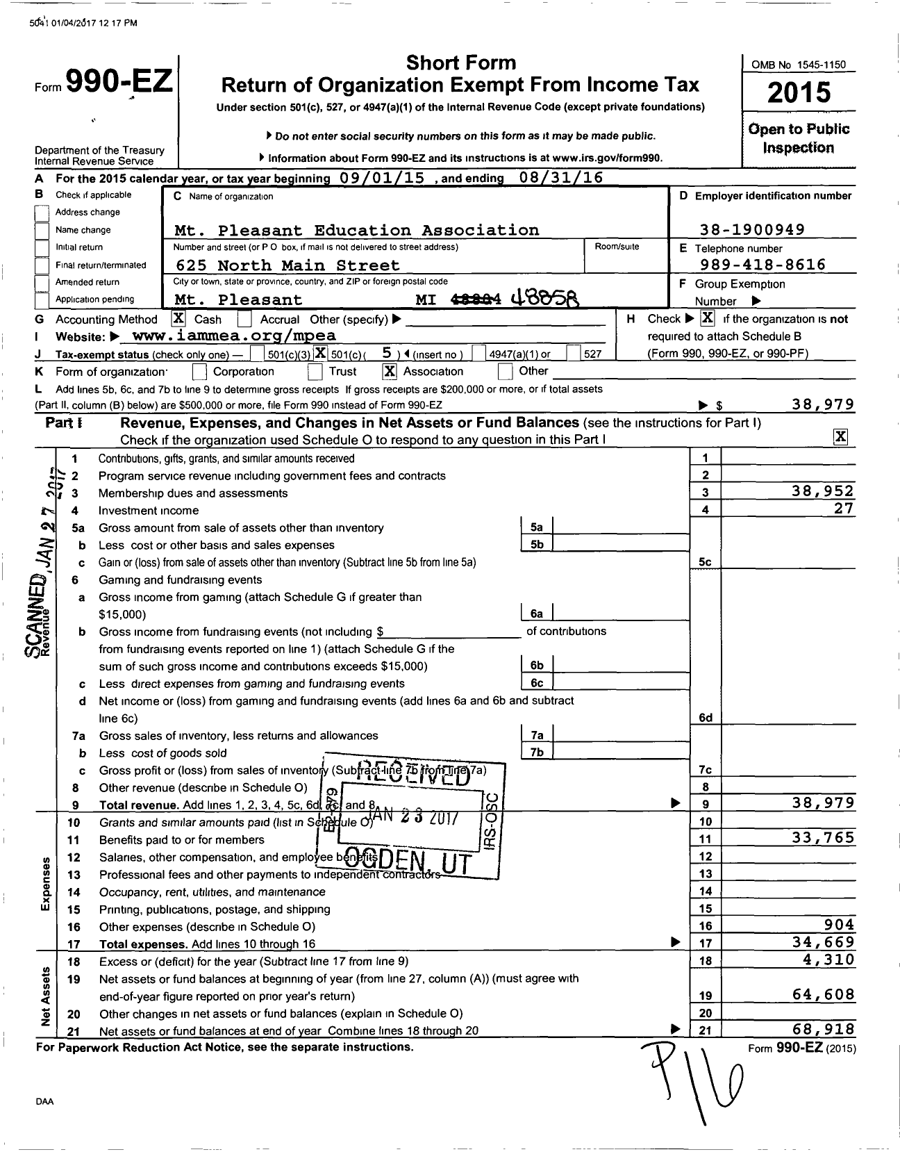 Image of first page of 2015 Form 990EO for Mount Pleasant Education Association