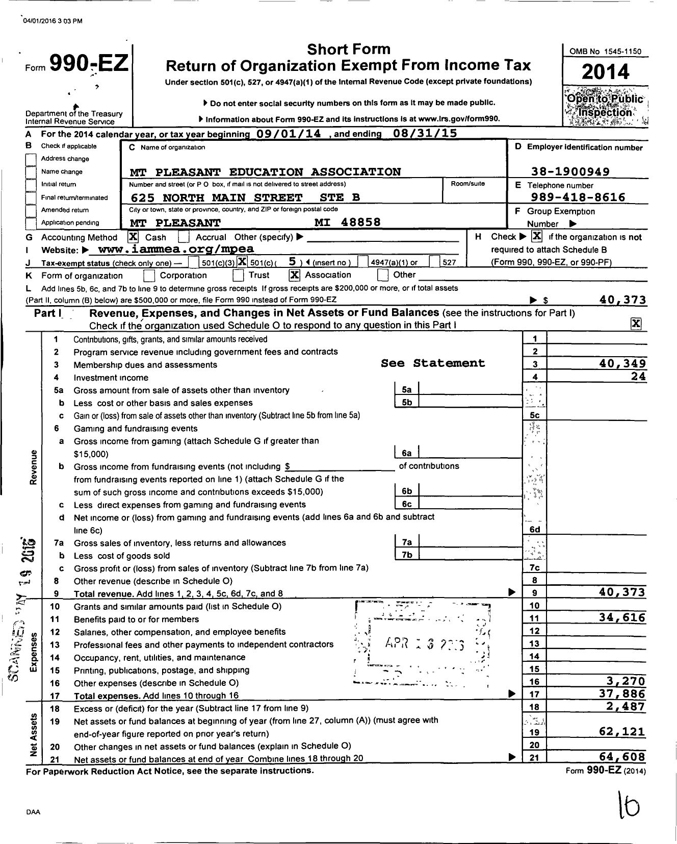 Image of first page of 2014 Form 990EO for Mount Pleasant Education Association