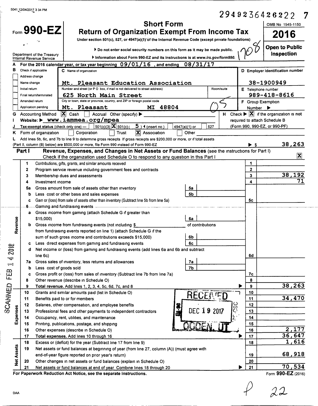 Image of first page of 2016 Form 990EO for Mount Pleasant Education Association