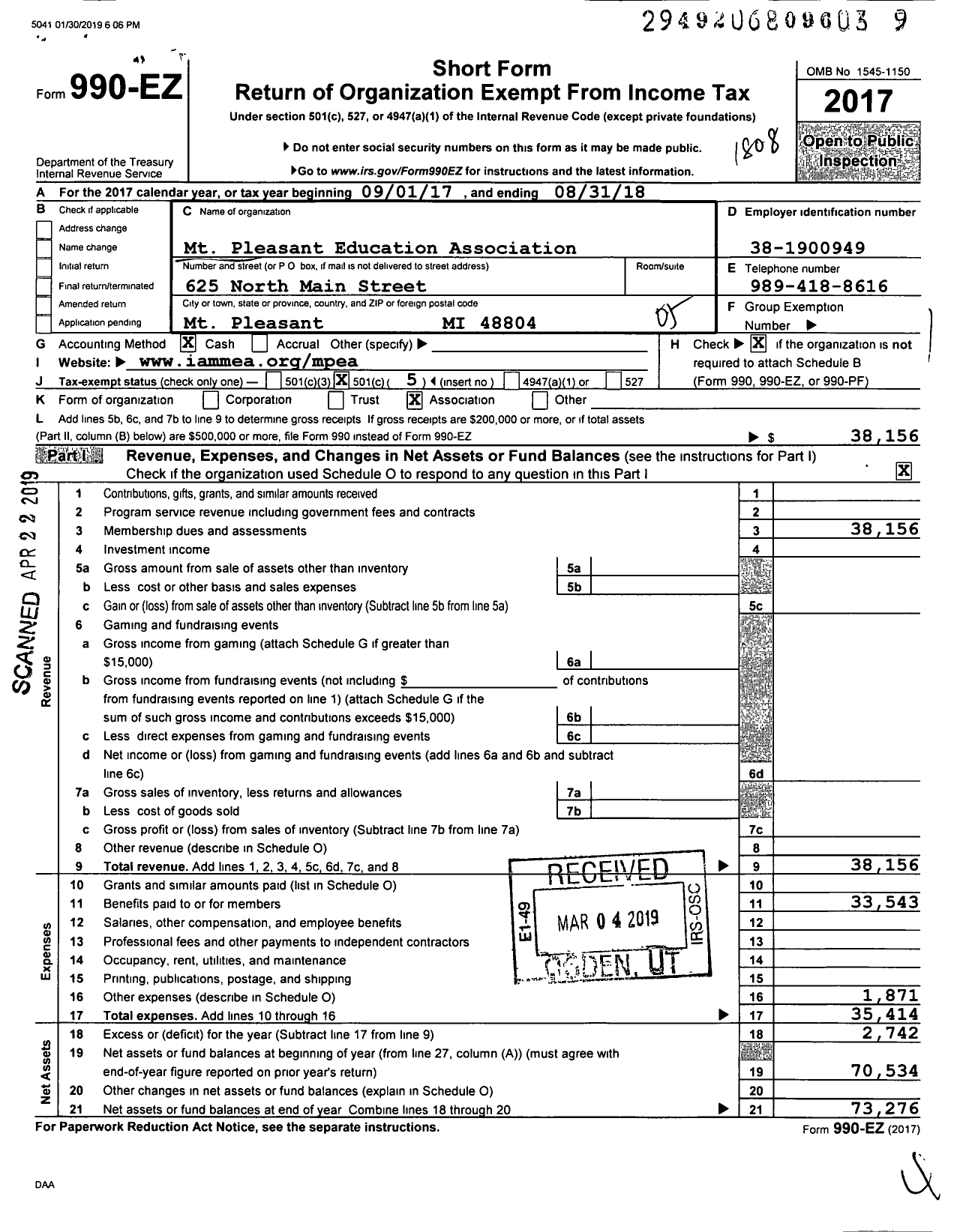 Image of first page of 2017 Form 990EO for Mount Pleasant Education Association