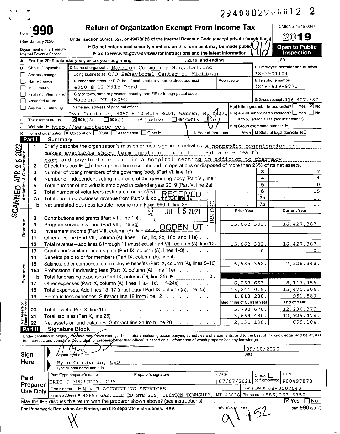 Image of first page of 2019 Form 990 for Madison Community Hospital