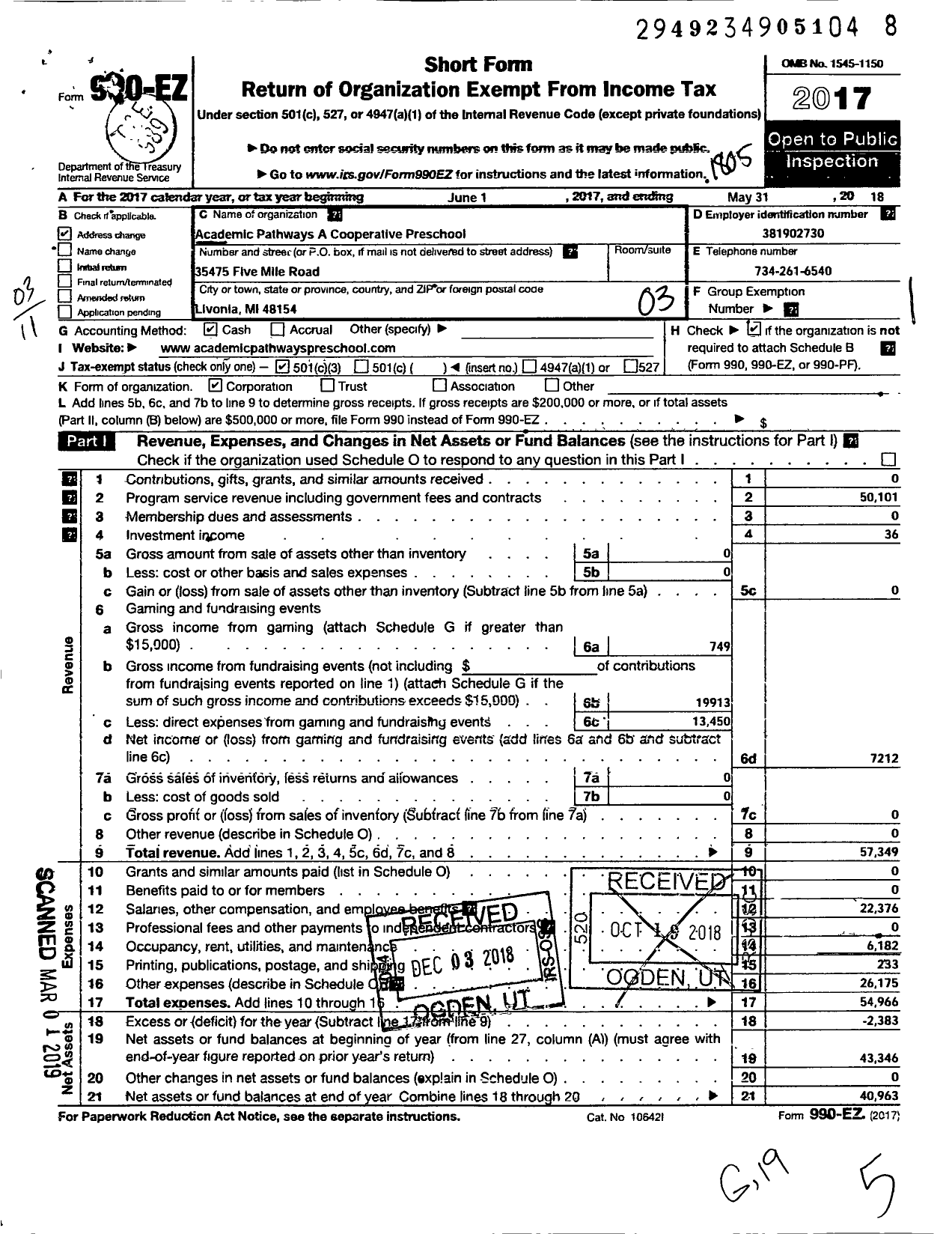 Image of first page of 2017 Form 990EZ for Academic Pathways A Cooperative Preschool