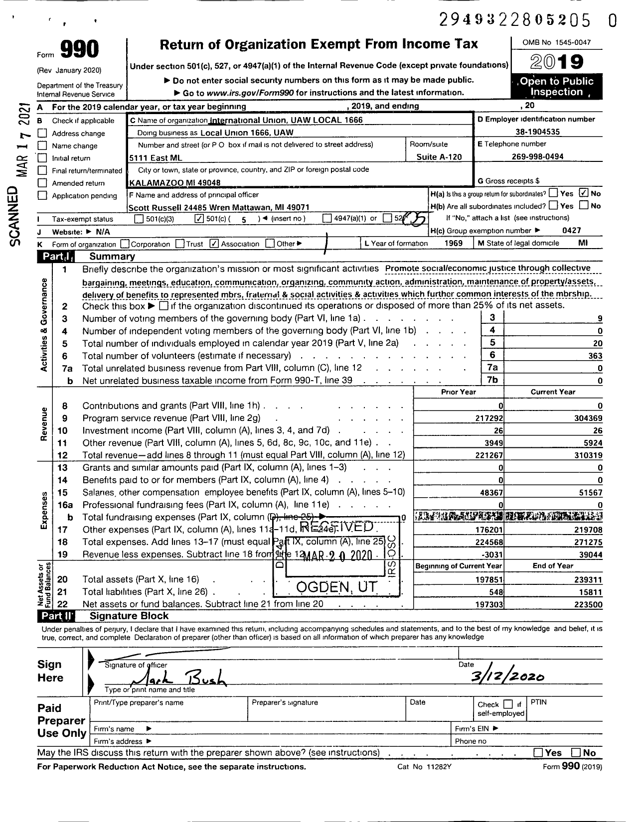 Image of first page of 2019 Form 990O for UAW - International Union UAW Local 1666