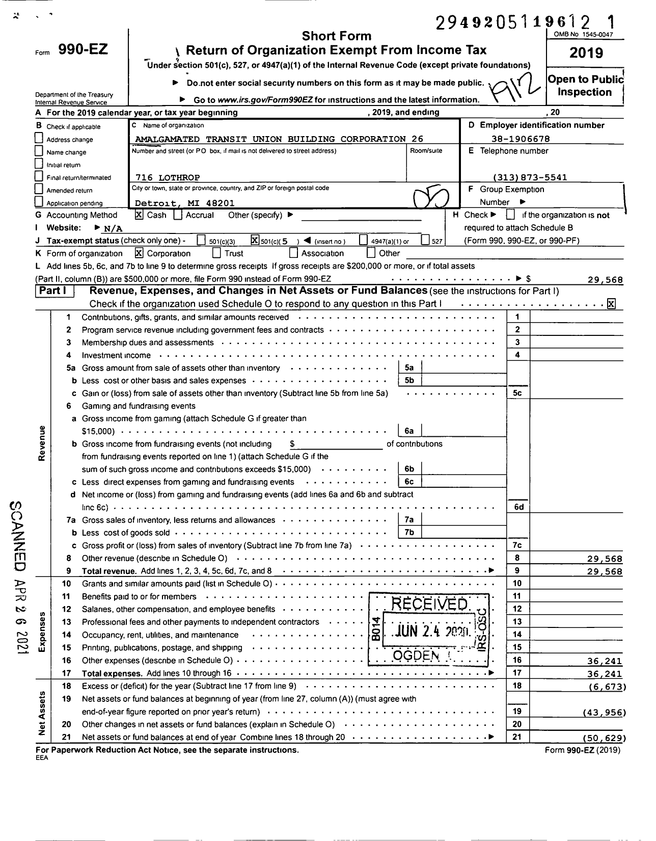 Image of first page of 2019 Form 990EO for Amalgamated Transit Union Building Corporation 26