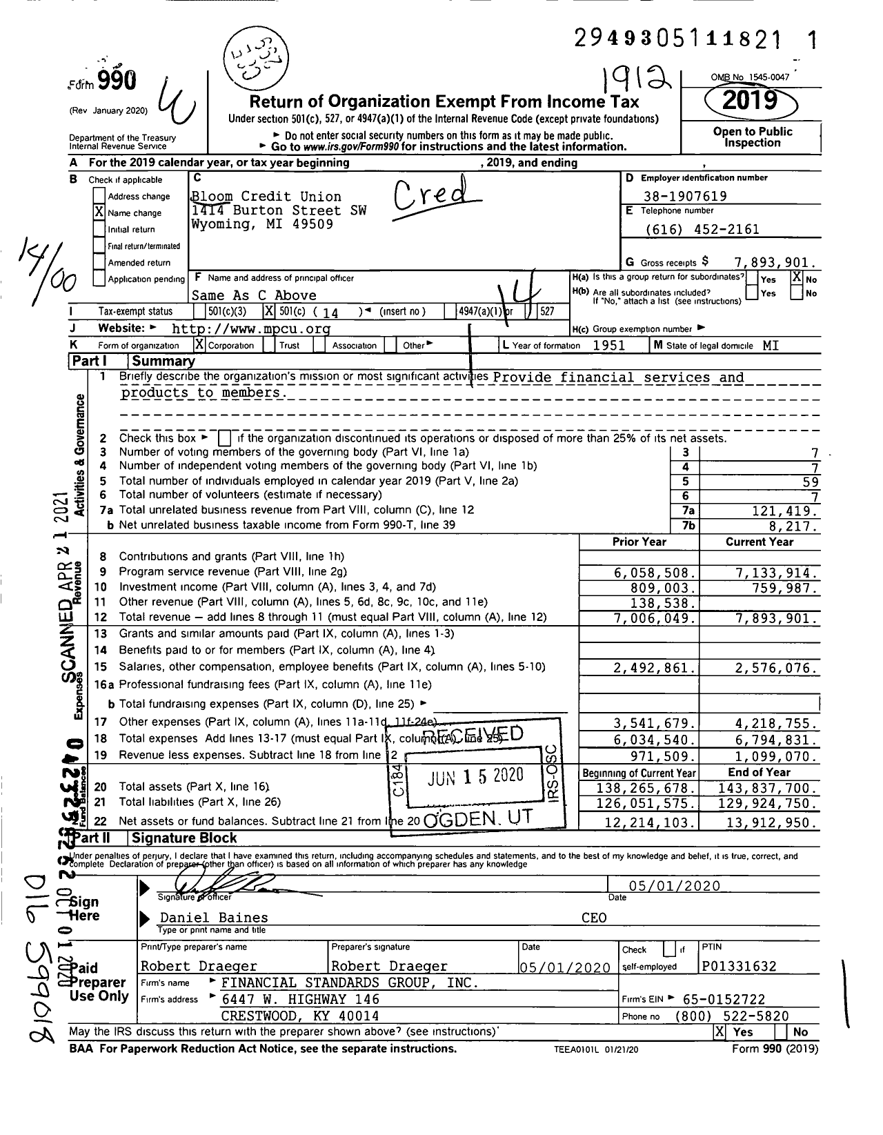 Image of first page of 2019 Form 990O for Bloom Credit Union