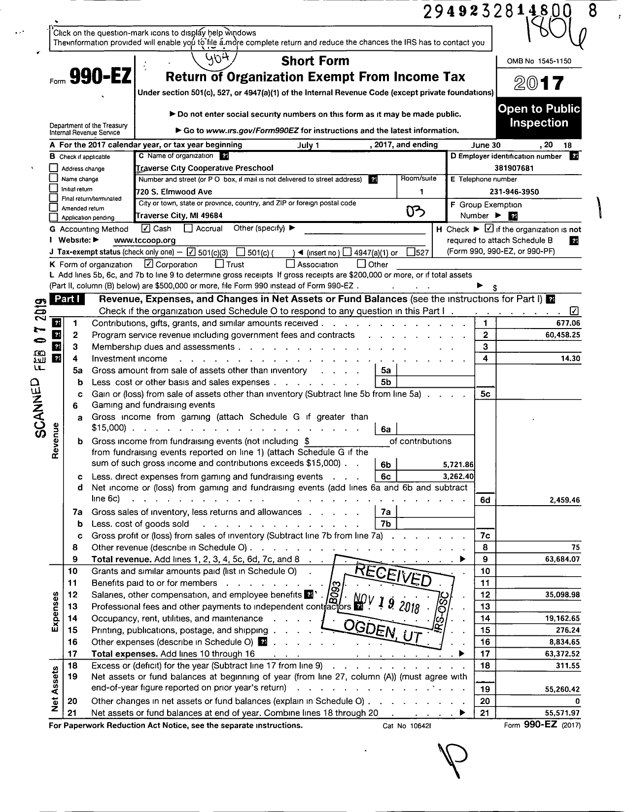 Image of first page of 2017 Form 990EZ for Traverse City Cooperative Preschool
