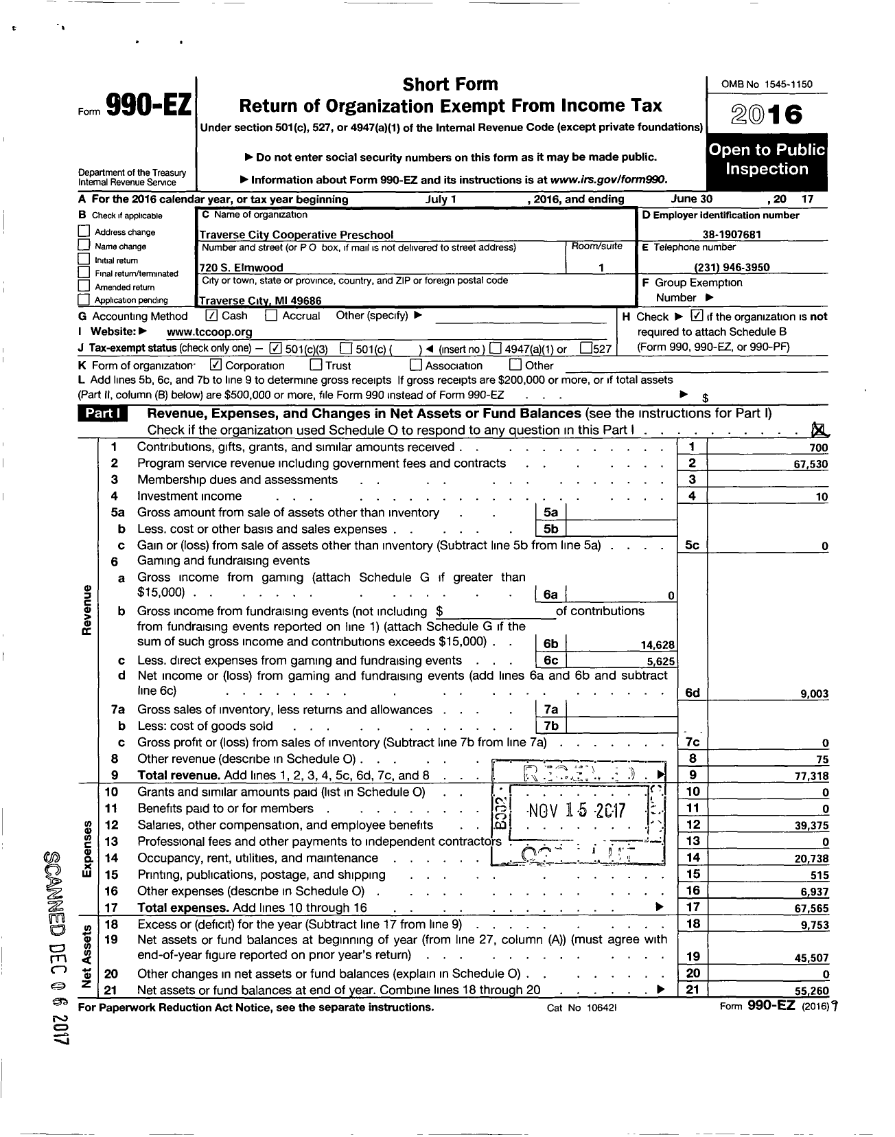 Image of first page of 2016 Form 990EZ for Traverse City Cooperative Preschool
