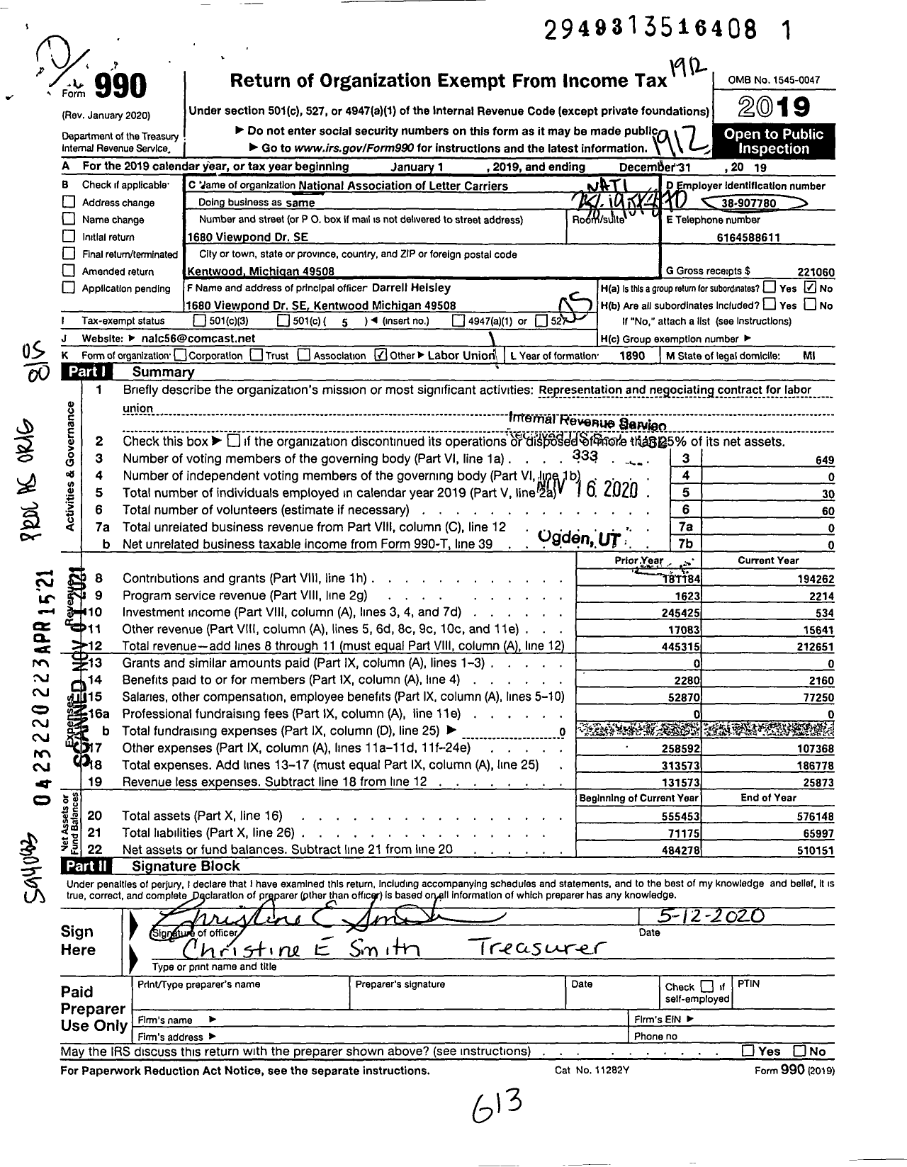 Image of first page of 2019 Form 990O for National Association of Letter Carriers - 56 Grand Rapids Michigan