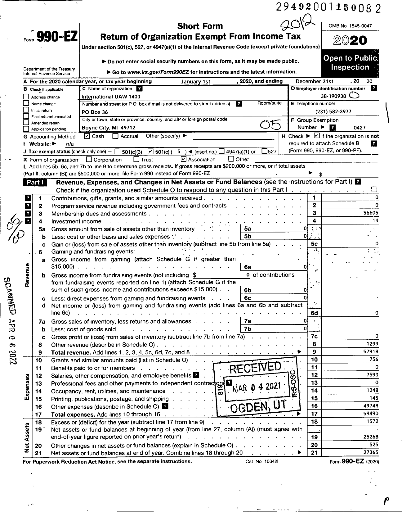 Image of first page of 2020 Form 990EO for Uaw - International Union Uaw Local 1403