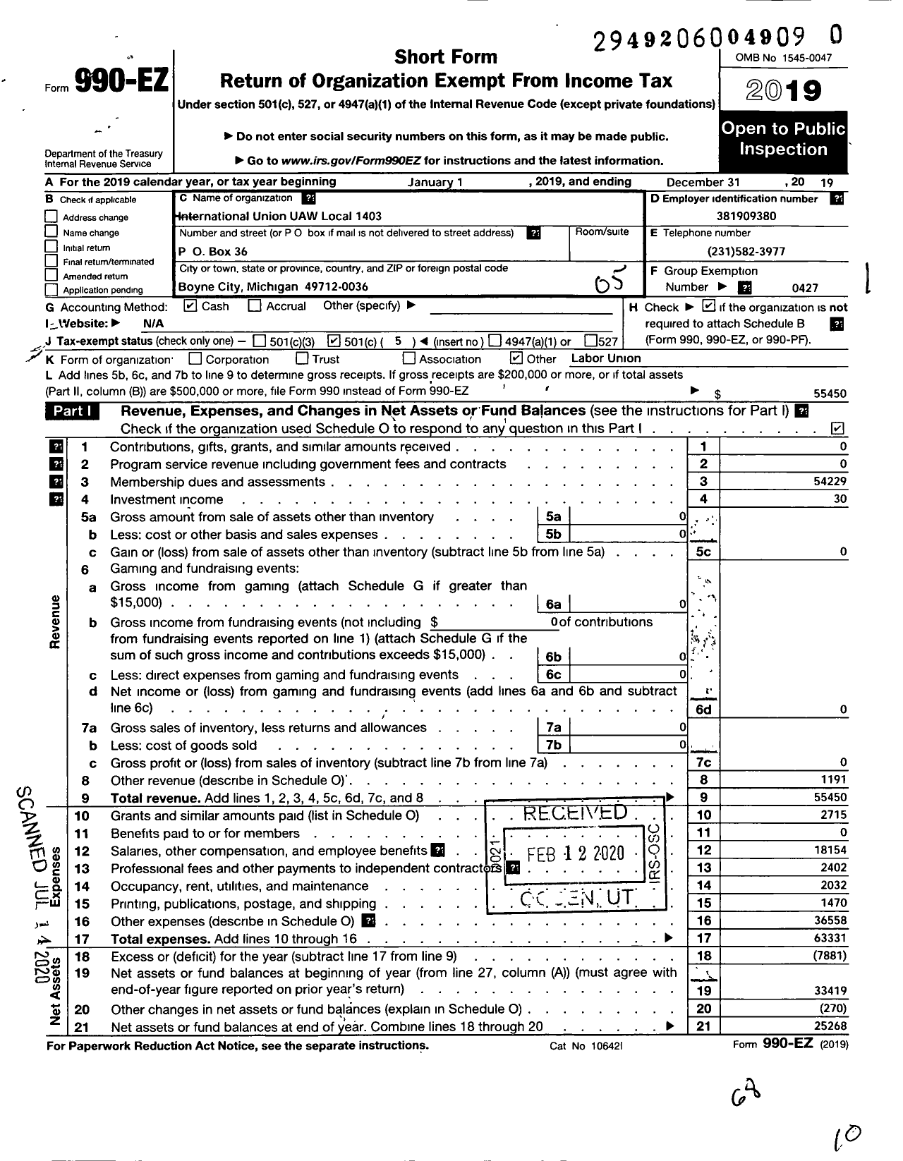 Image of first page of 2019 Form 990EO for Uaw - International Union Uaw Local 1403