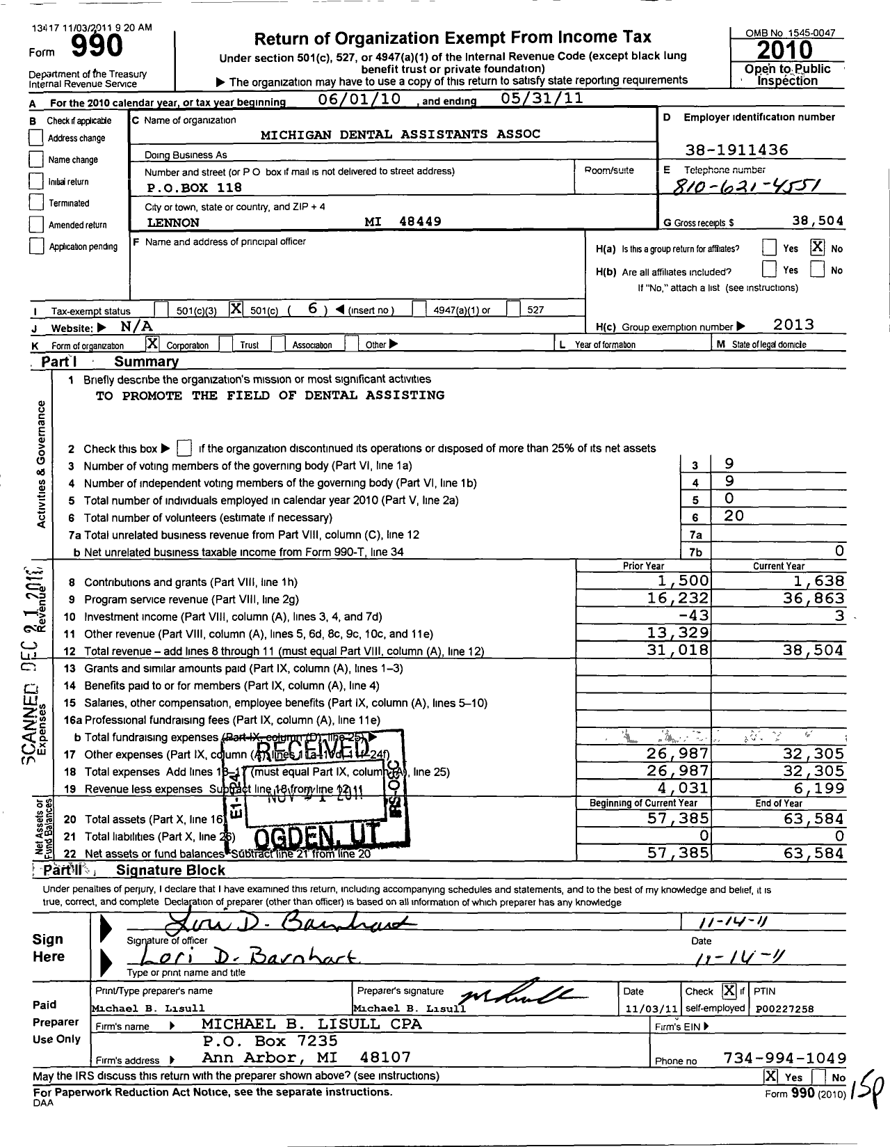 Image of first page of 2010 Form 990O for American Dental Assistants Association-Michigan Association