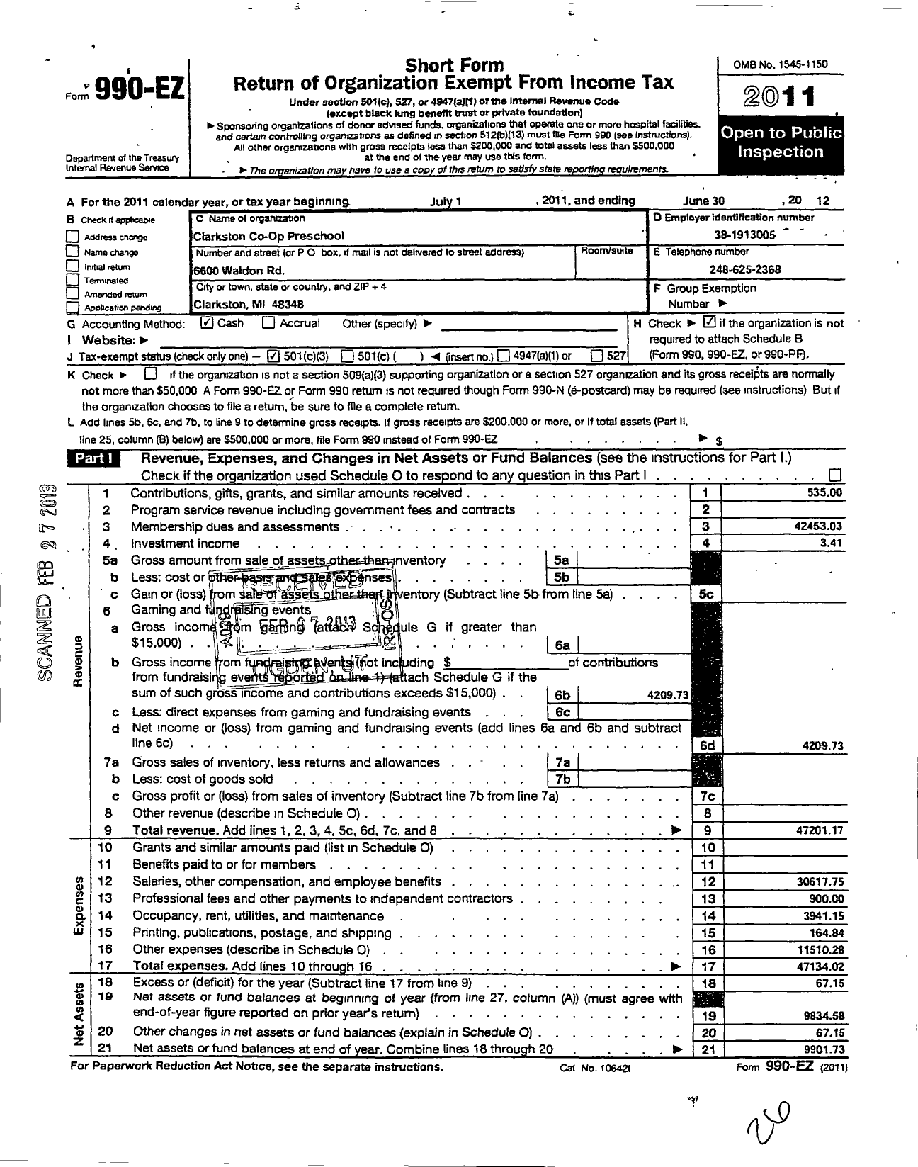 Image of first page of 2011 Form 990EZ for Clarkston Co-Op Preschool