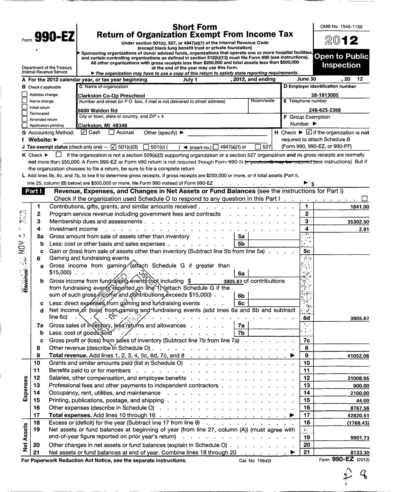 Image of first page of 2011 Form 990EZ for Clarkston Co-Op Preschool