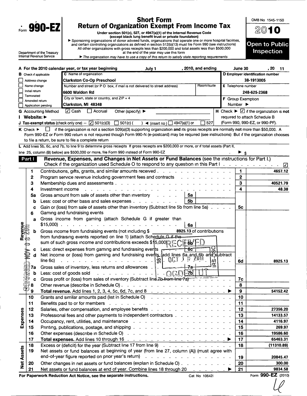 Image of first page of 2010 Form 990EZ for Clarkston Co-Op Preschool